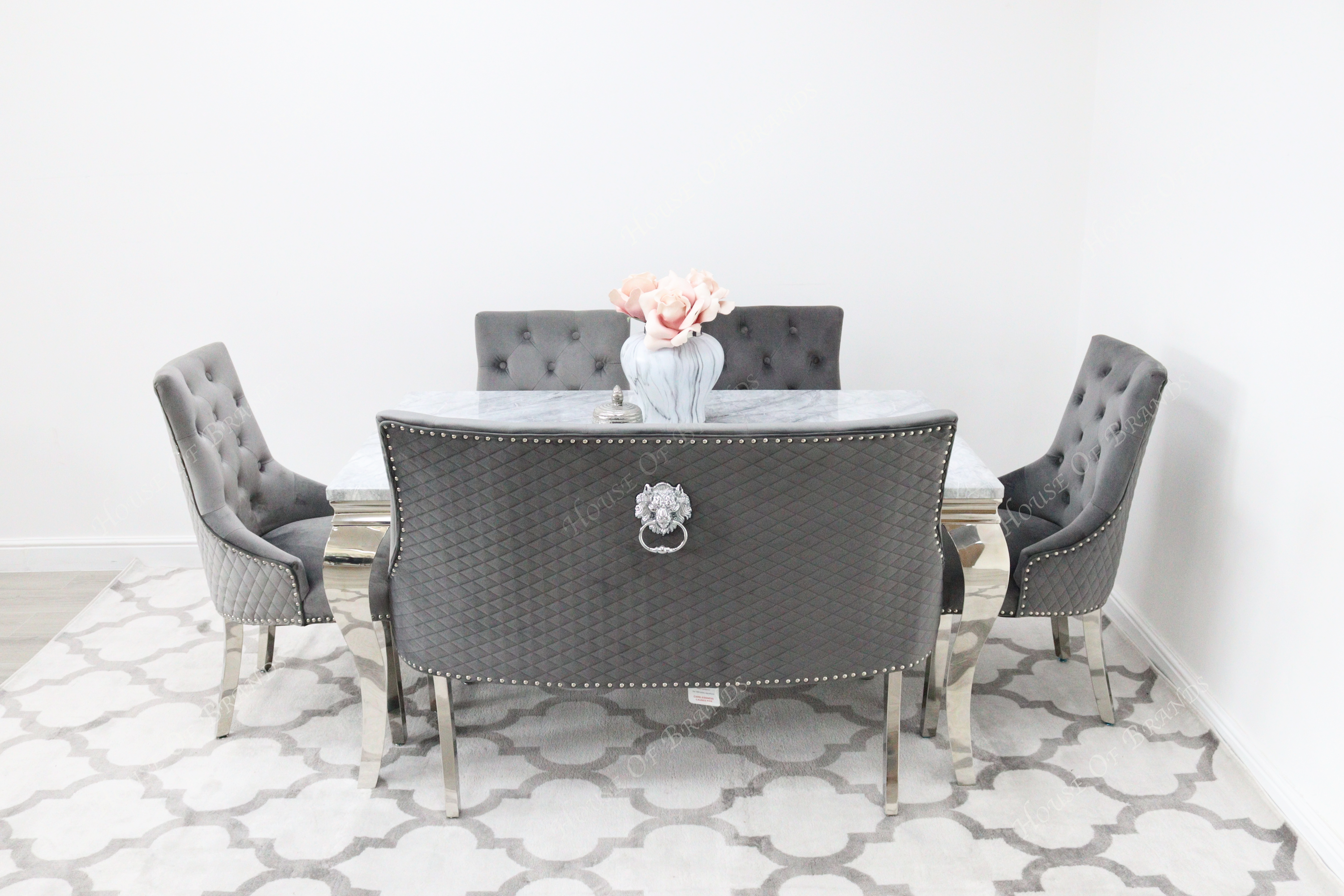 150cm Louis Marble Dining Table with 4 Majestic Knockerback Velvet Chairs and Majestic High Back Velvet Bench