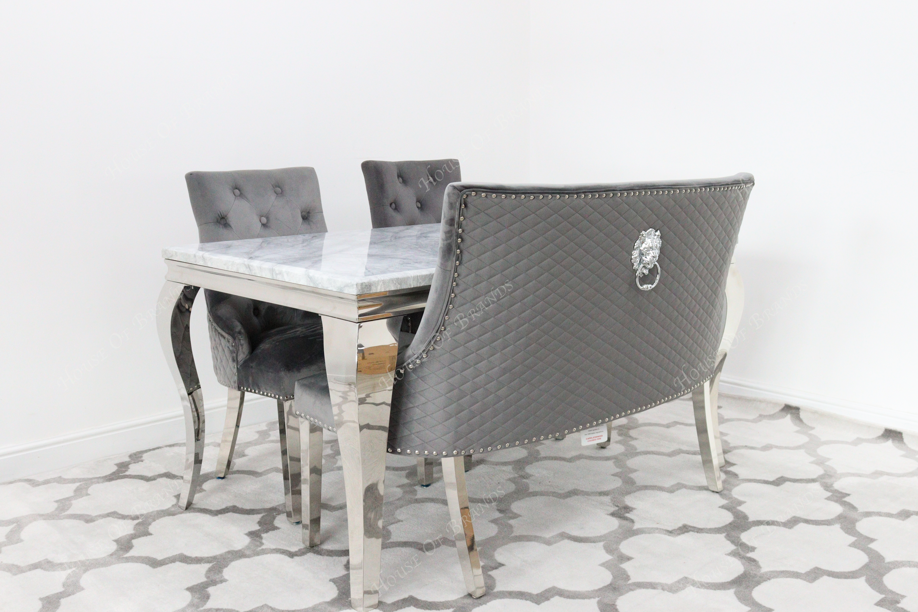 150cm Marble Louis Dining Table with 2 Majestic Velvet Knockerback Chairs and Majestic High Back Dining Bench