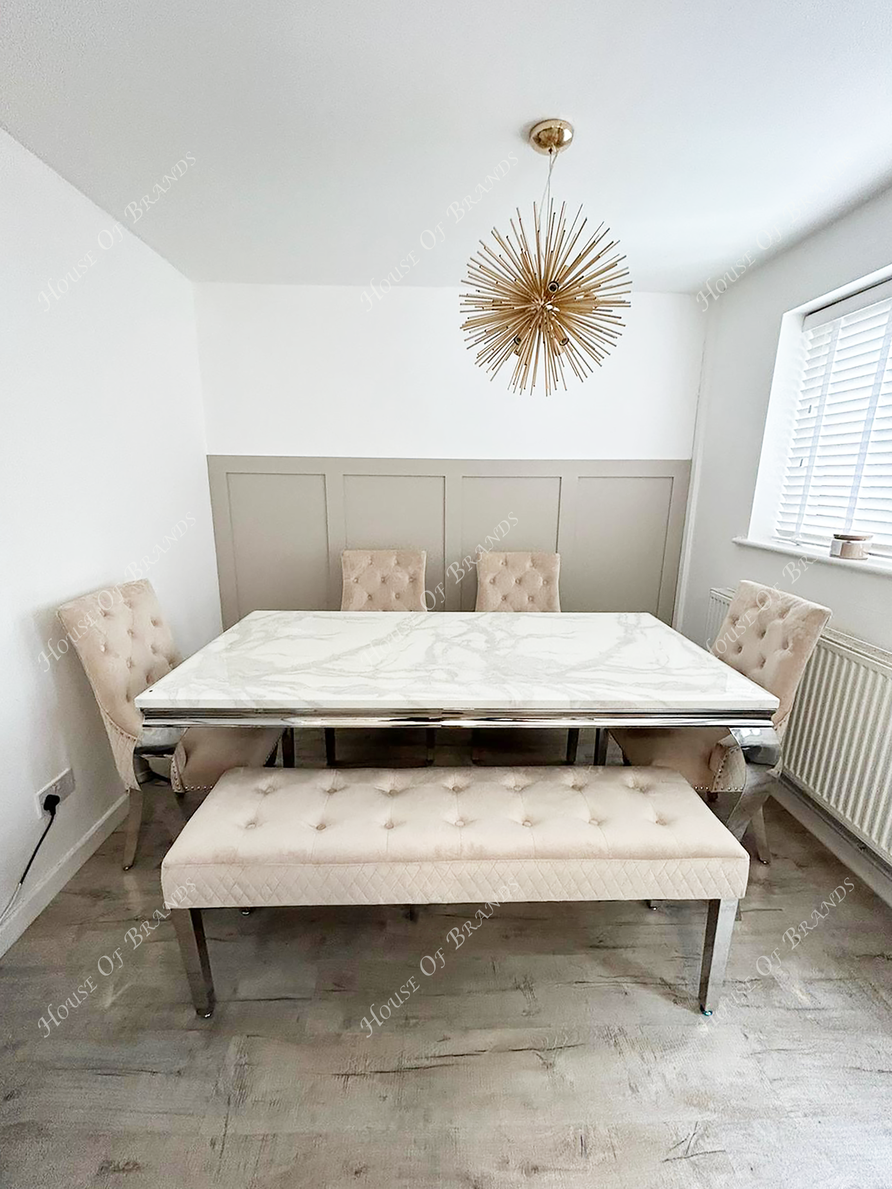 180cm Louis Marble Dining Table with 4 Majestic Velvet Knockerback Chairs and Majestic Velvet Bench