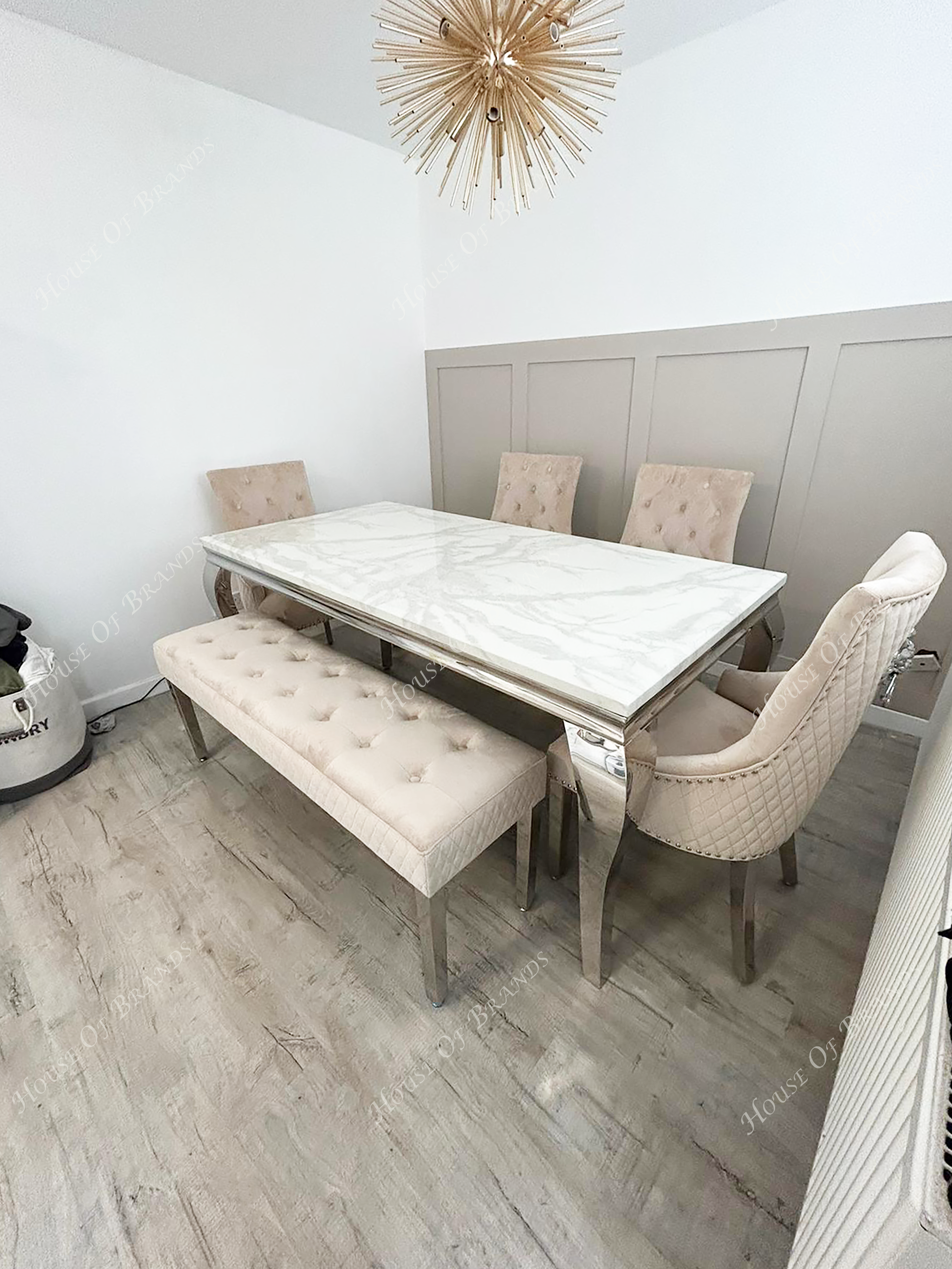 180cm Louis Marble Dining Table with 4 Majestic Velvet Knockerback Chairs and Majestic Velvet Bench