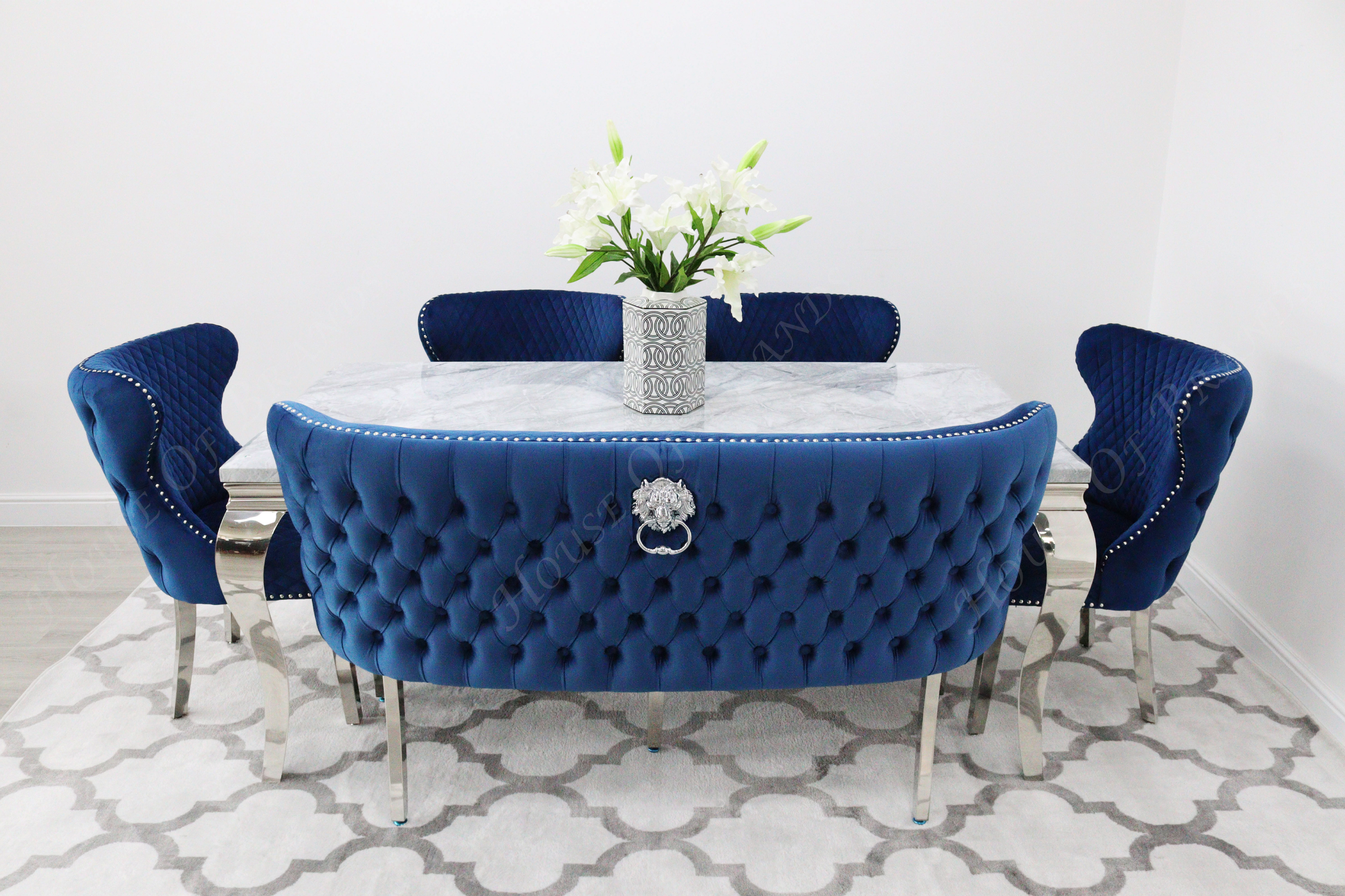 180cm Louis Marble Dining Table with 4 Valentino Velvet Knockerback Chairs and Valentino Velvet Dining Bench