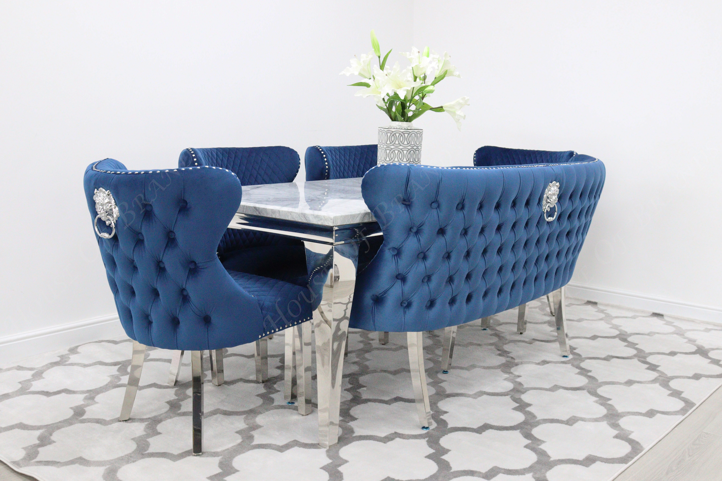 180cm Louis Marble Dining Table with 4 Valentino Velvet Knockerback Chairs and Valentino Velvet Dining Bench