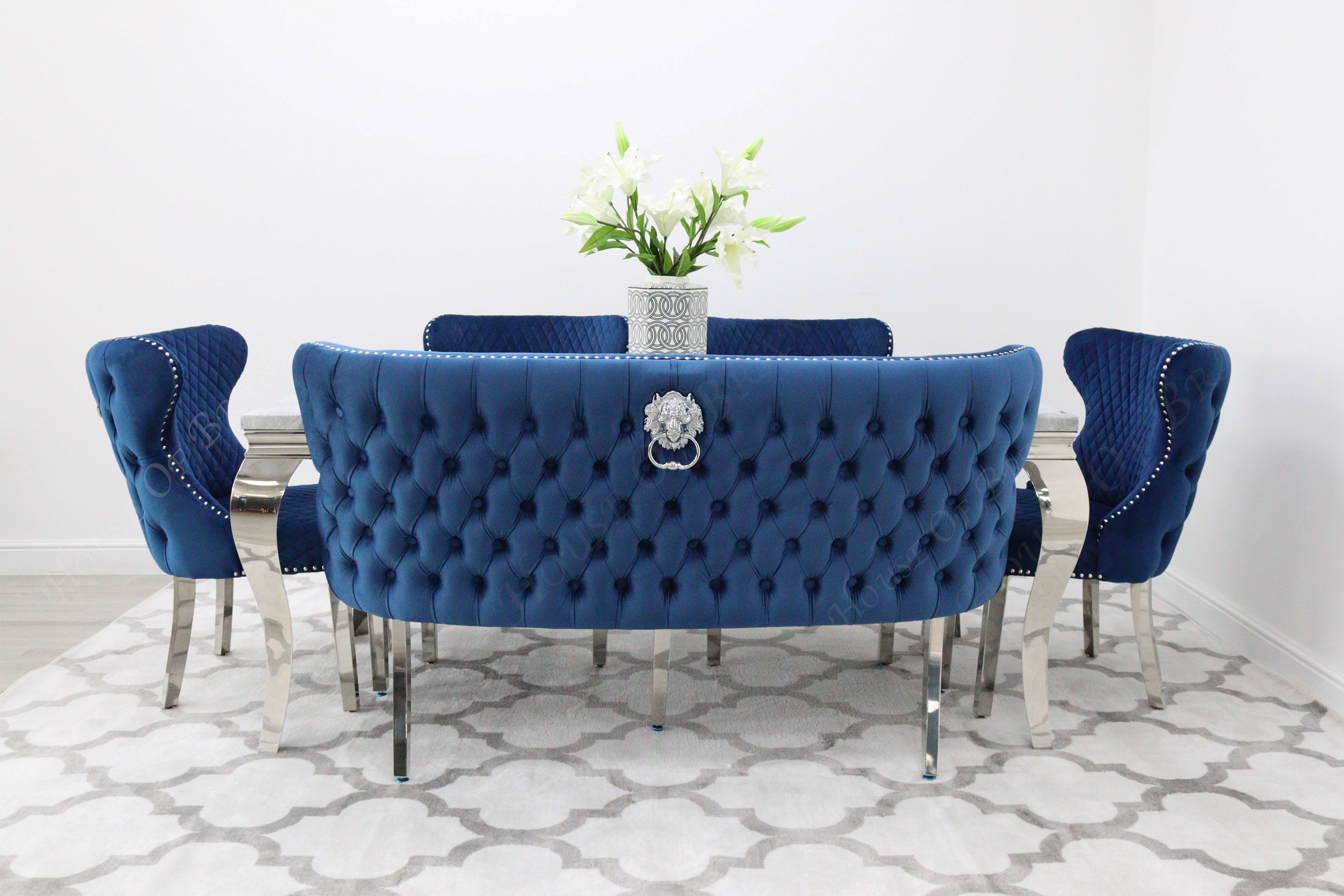 180cm Marble Louis Dining Table with 4 Valentino Velvet Knockerback Chairs and Valentino Velvet Dining Bench