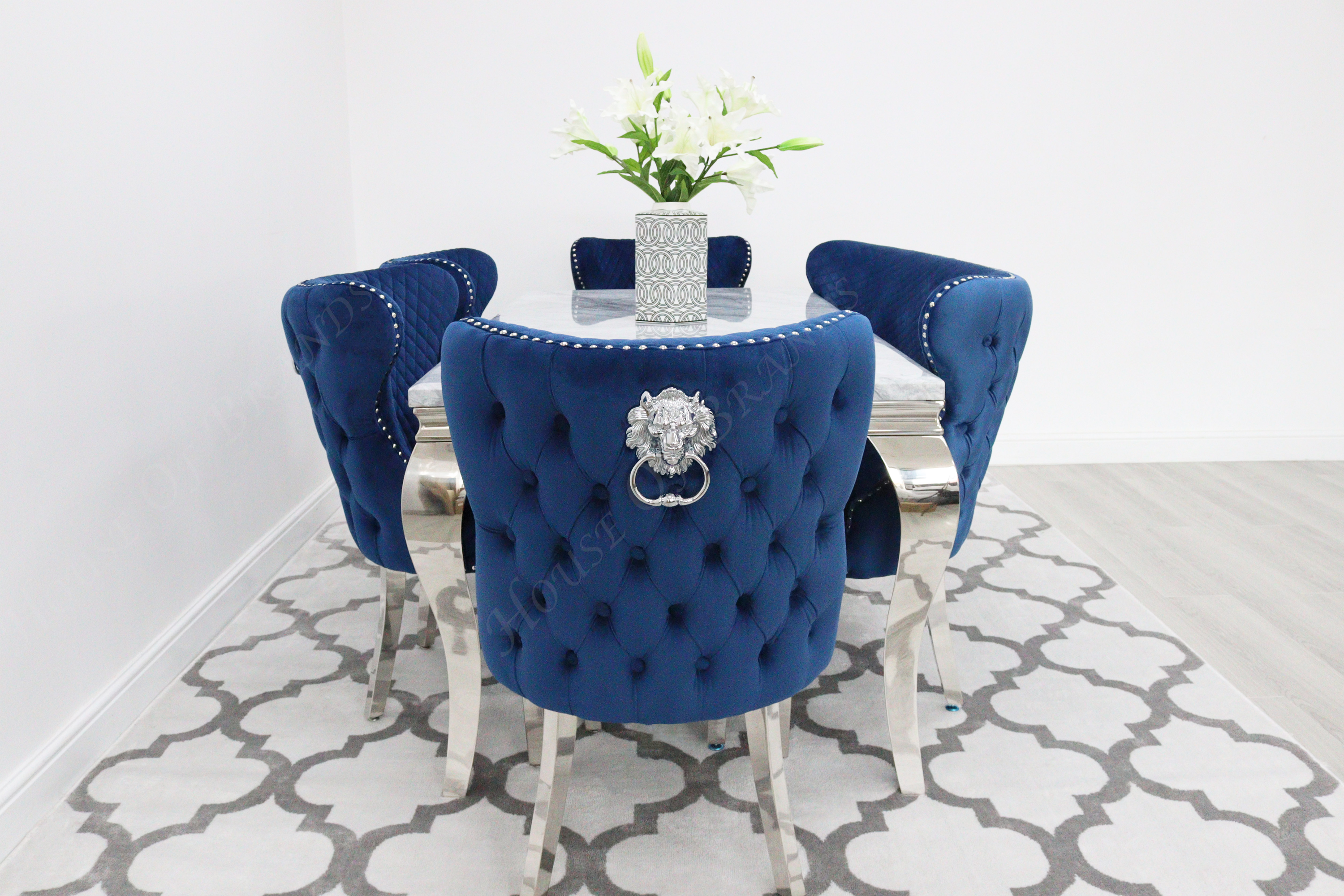 180cm Louis Marble Dining Table with 4 Valentino Velvet Knockerback Chairs and Valentino Velvet Dining Bench