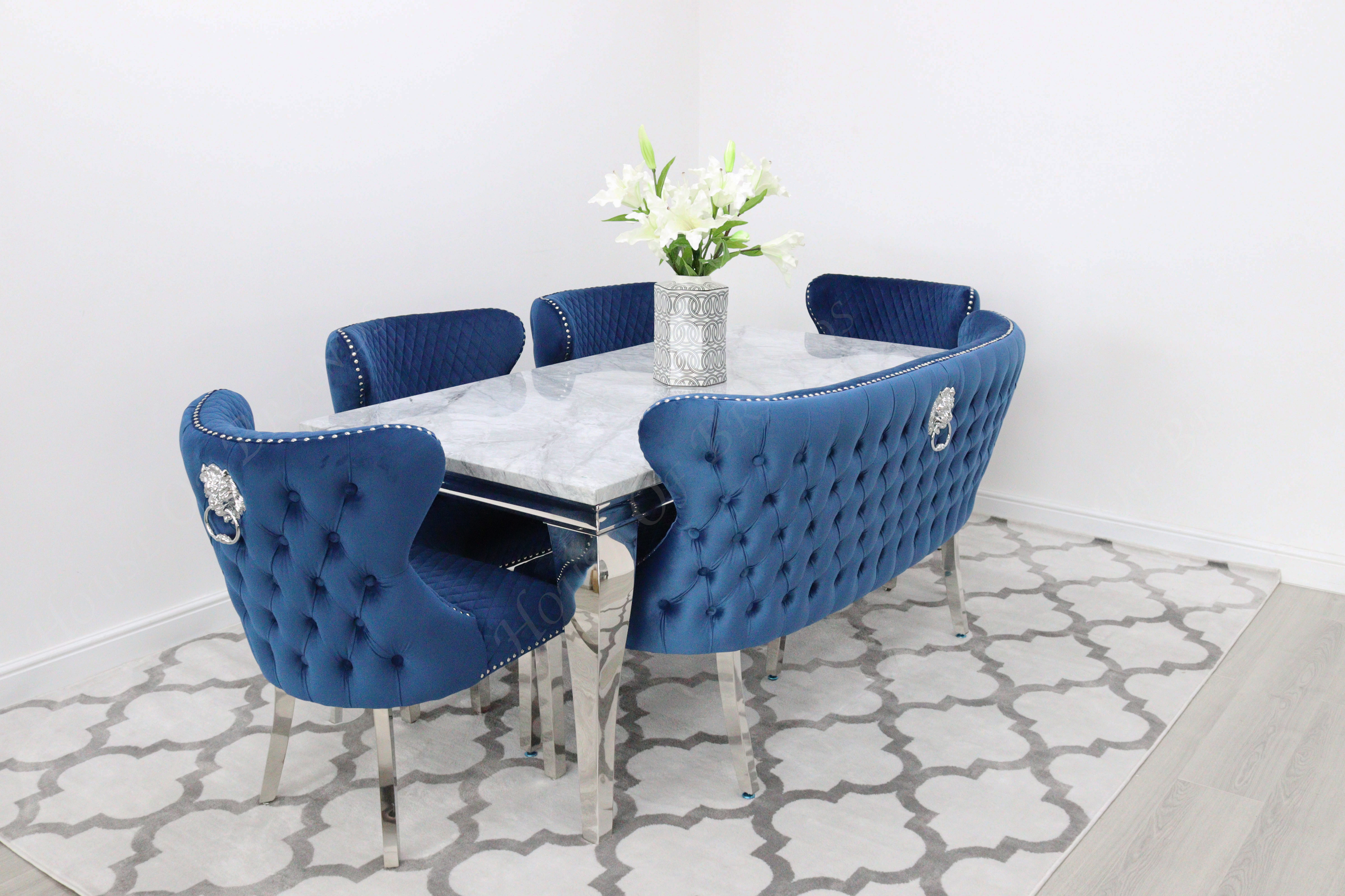 180cm Louis Marble Dining Table with 4 Valentino Velvet Knockerback Chairs and Valentino Velvet Dining Bench