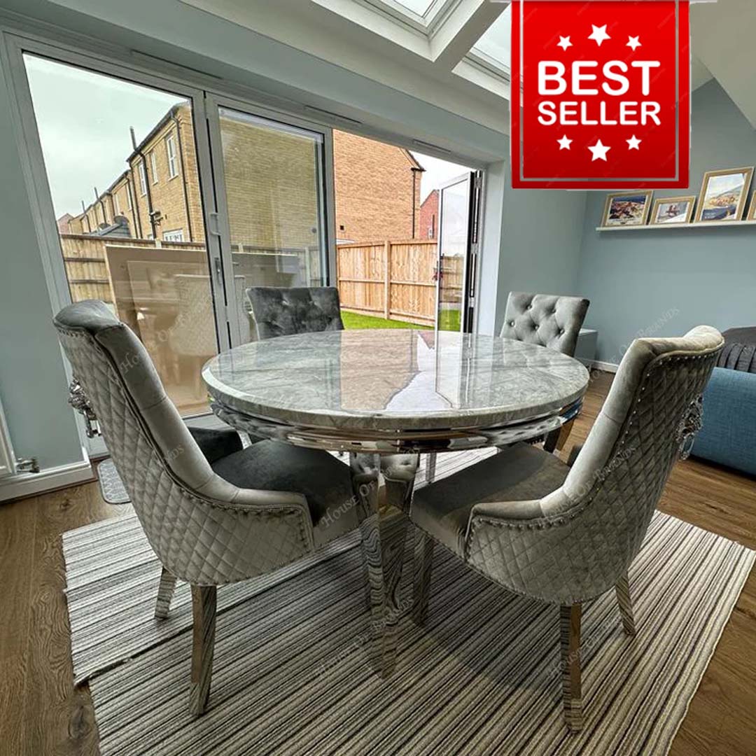 130cm Round Louis Marble Dining Table with Majestic Velvet Knockerba