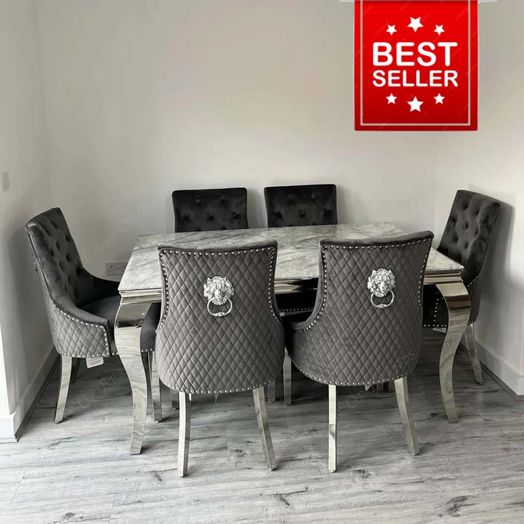 150cm Louis Marble Dining Table with 6 Majestic Knockerback Chairs