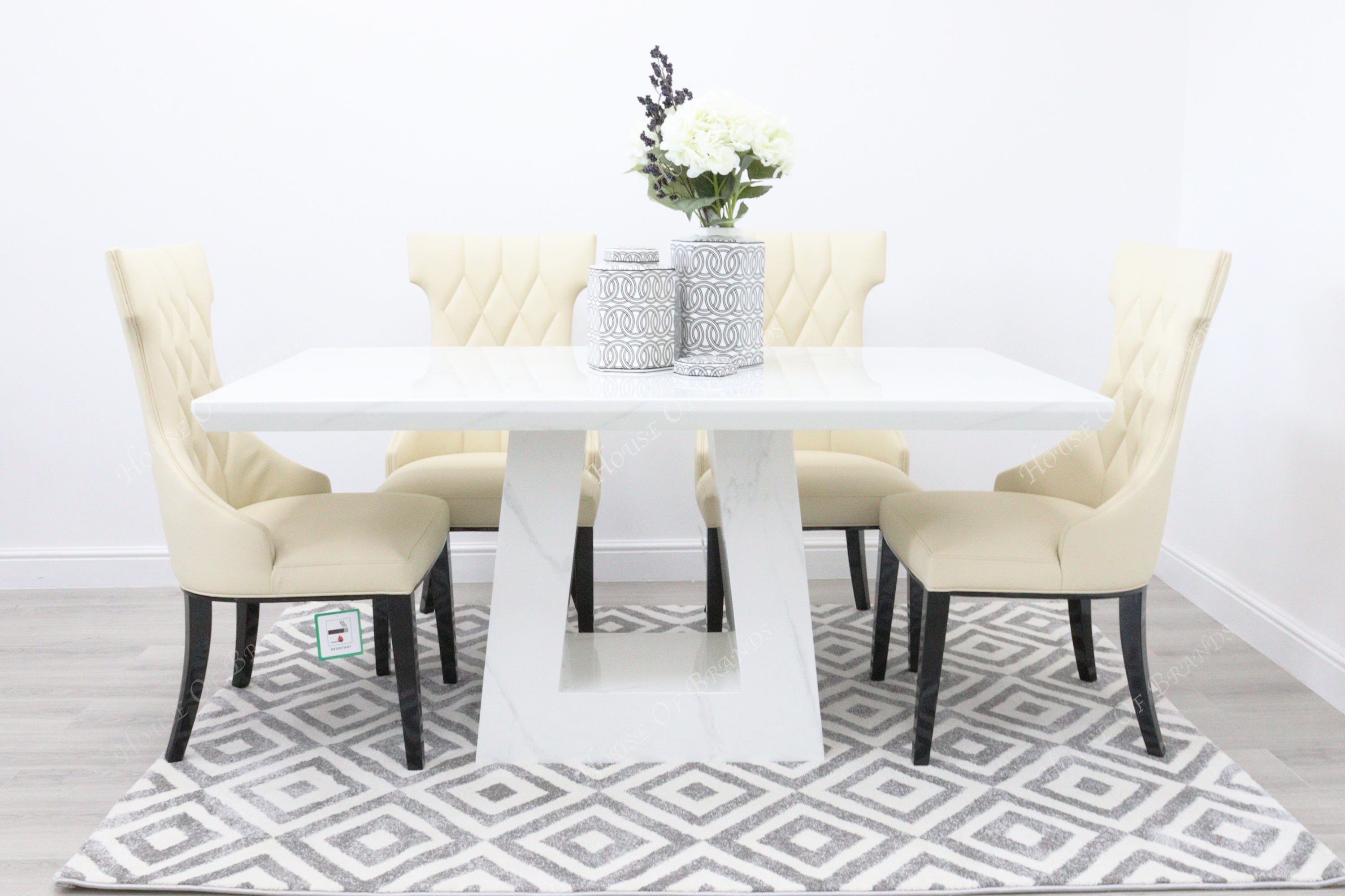 Rio White Marble Dining Table with 4 Tremiti Cream Leather Dining Chairs