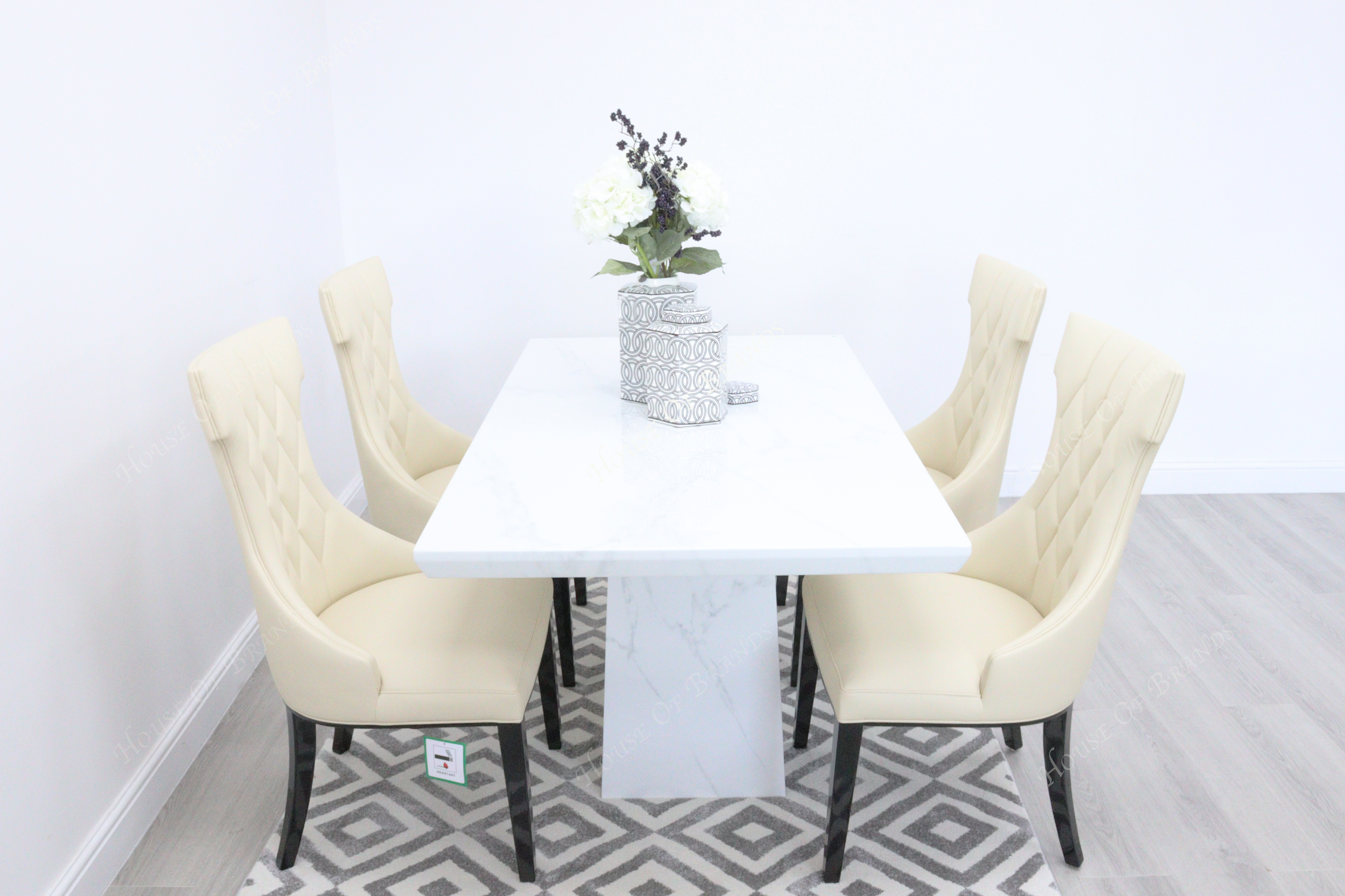 Rio White Marble Dining Table with 4 Tremiti Cream Leather Dining Chairs