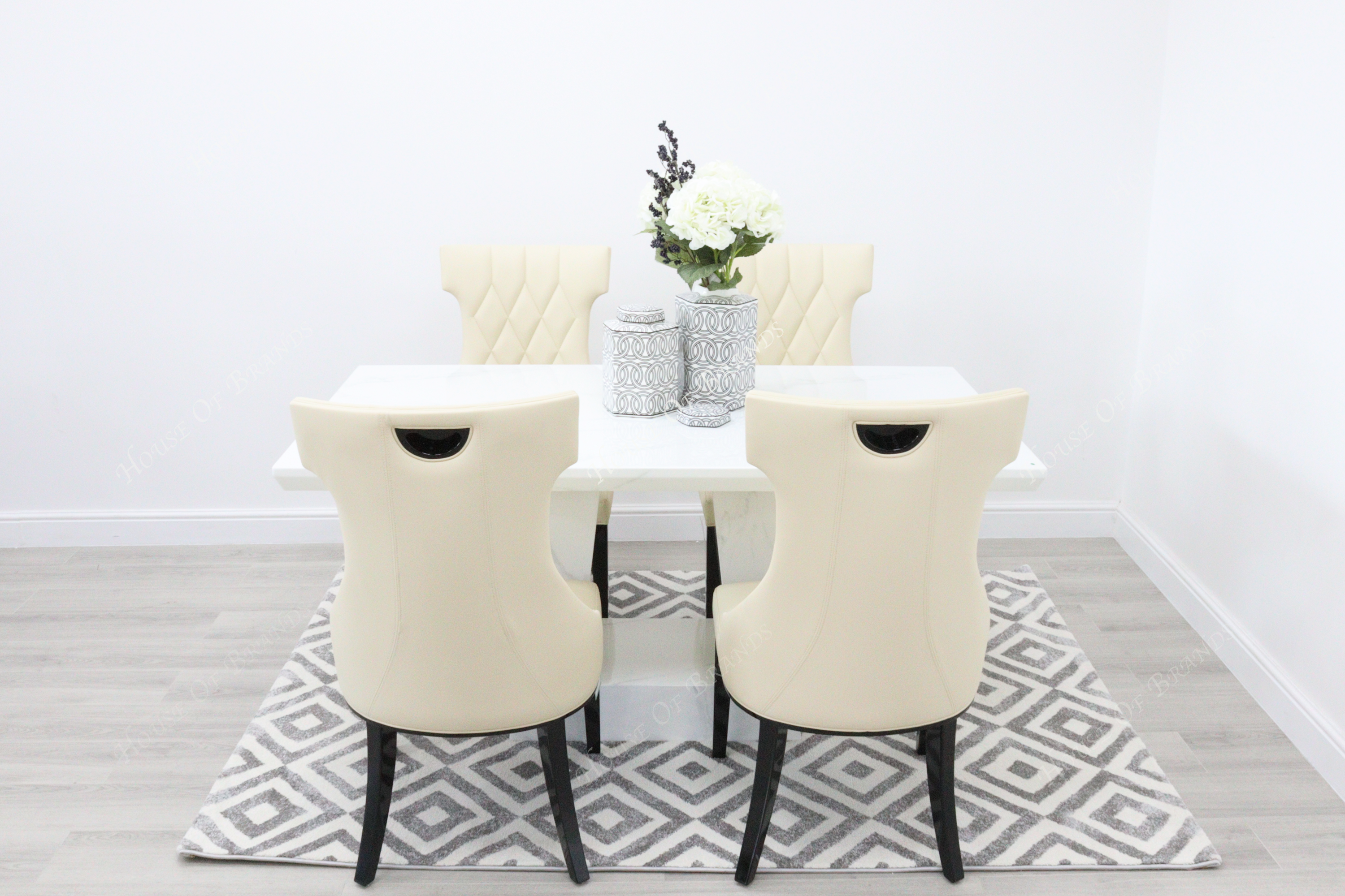 Rio White Marble Dining Table with 4 Tremiti Cream Leather Dining Chairs