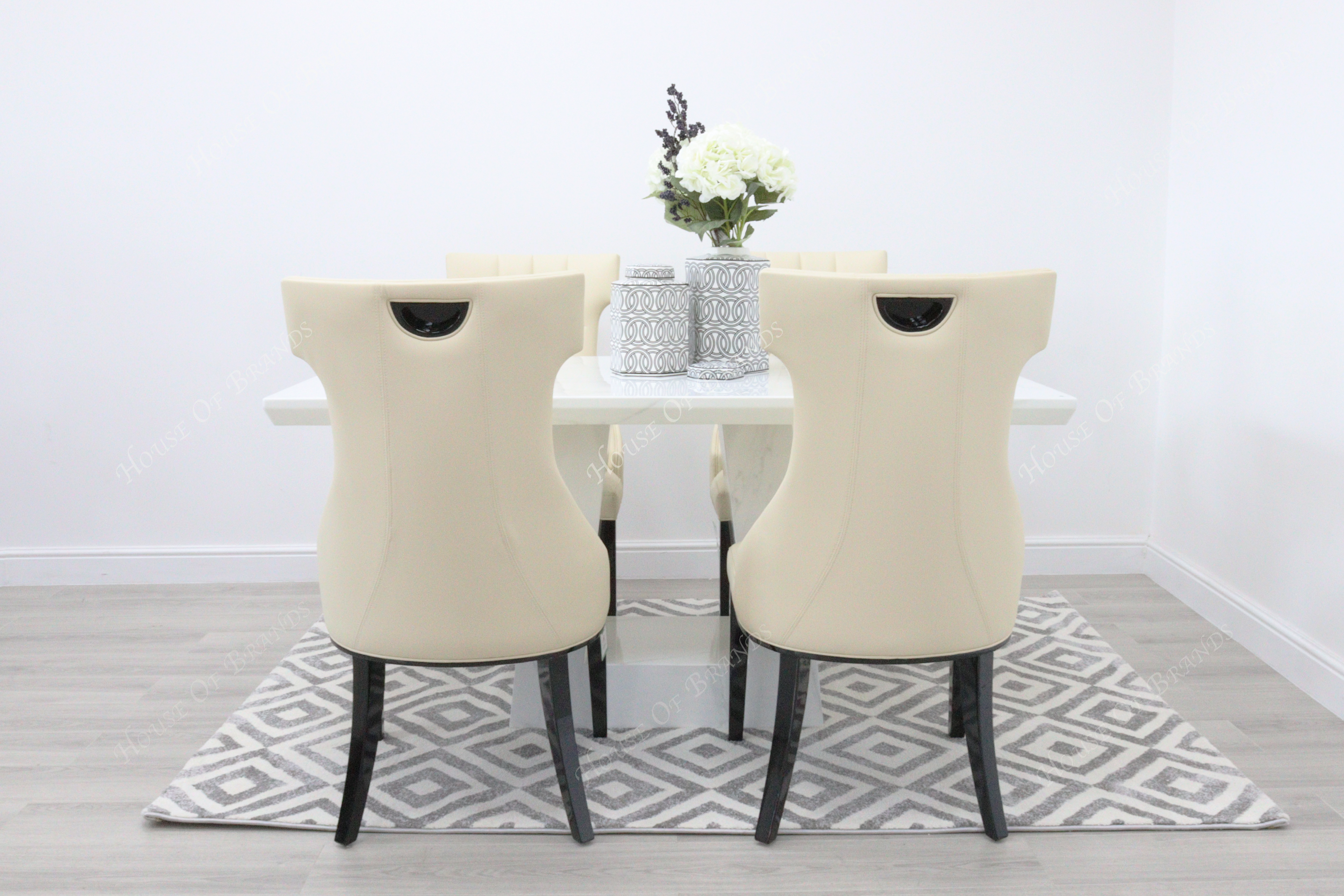 Rio White Marble Dining Table with 4 Tremiti Cream Leather Dining Chairs
