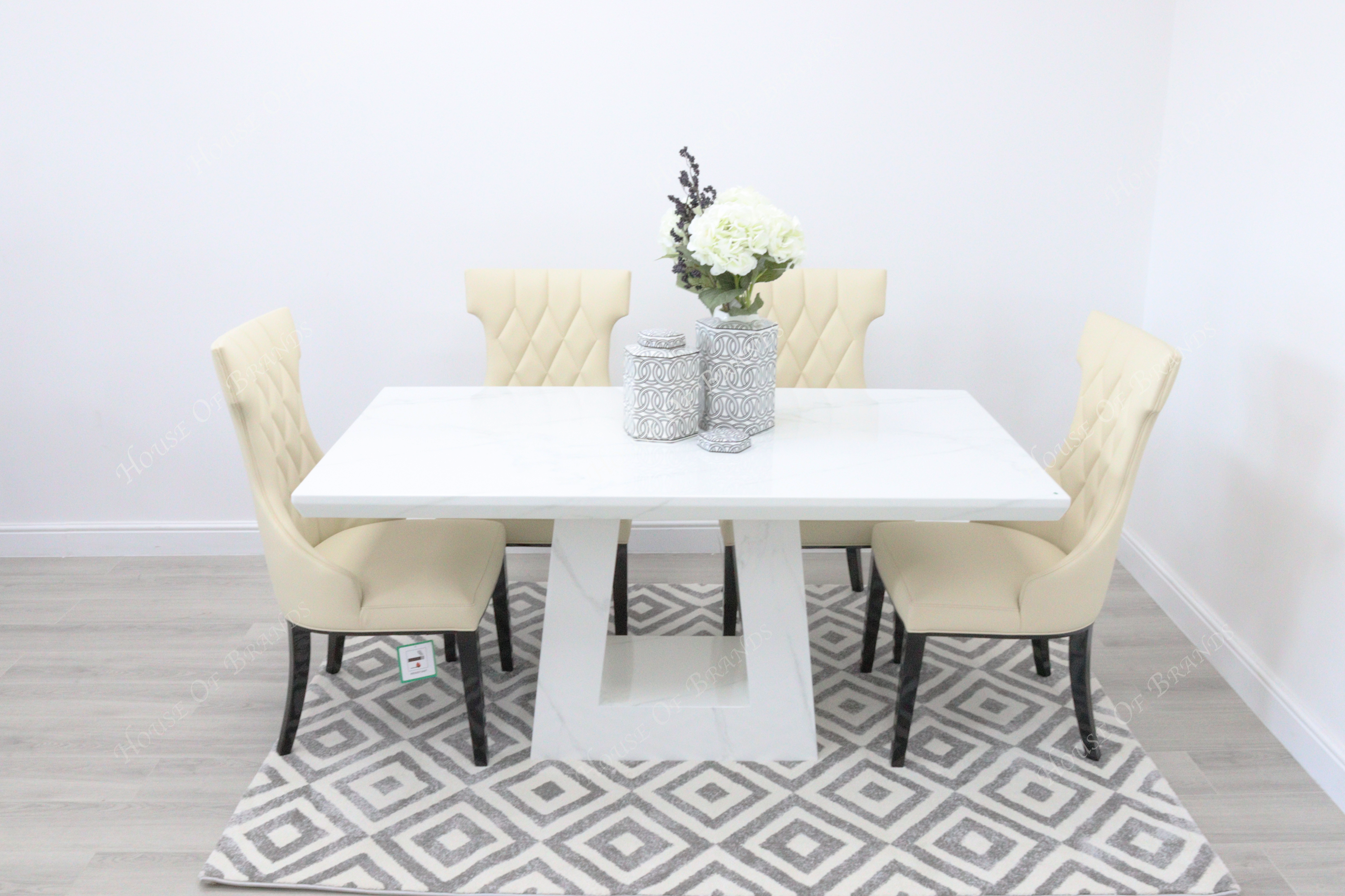 Rio White Marble Dining Table with 4 Tremiti Cream Leather Dining Chairs