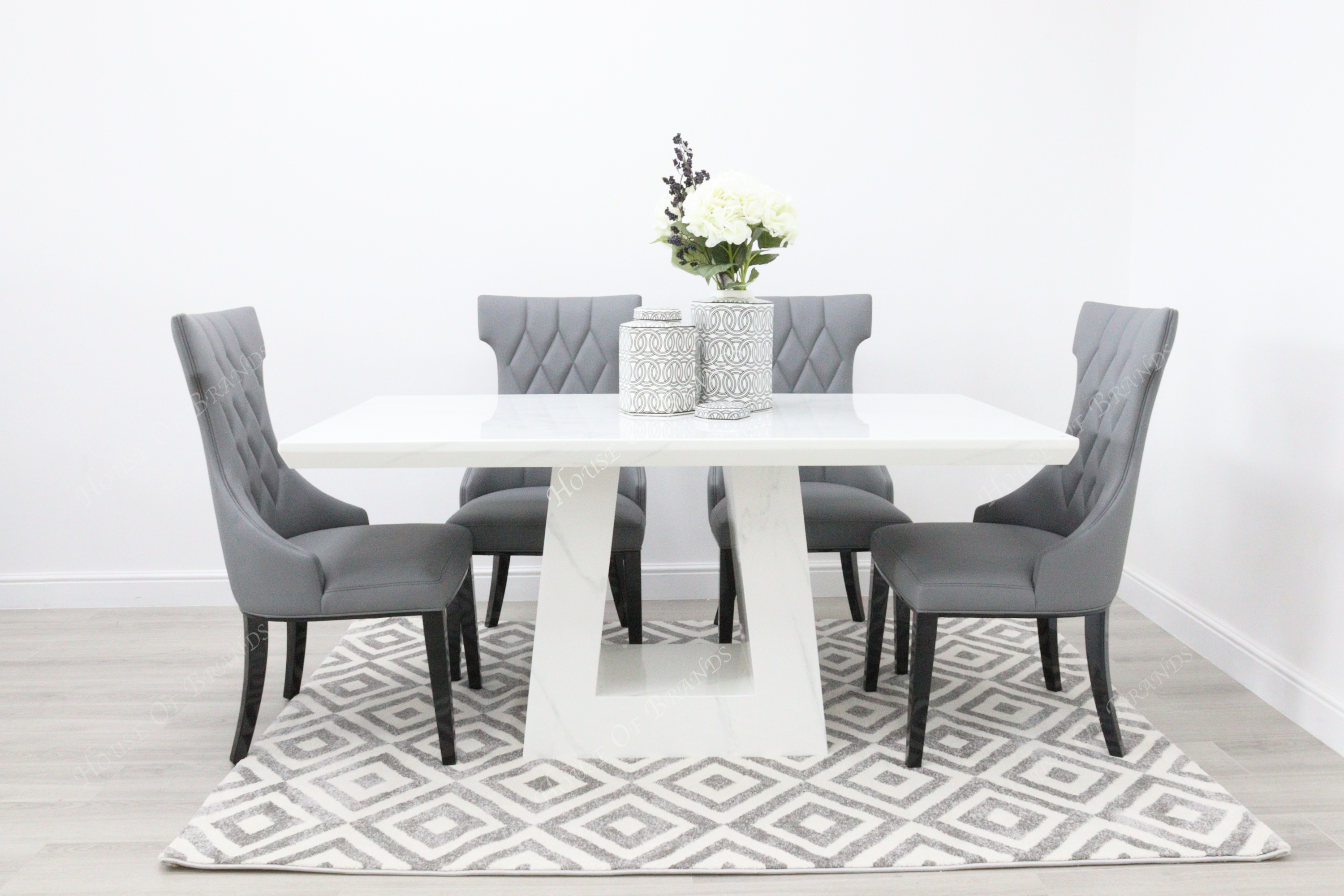 Milan White Marble Dining Table with Mimi Grey Leather Dining Chairs