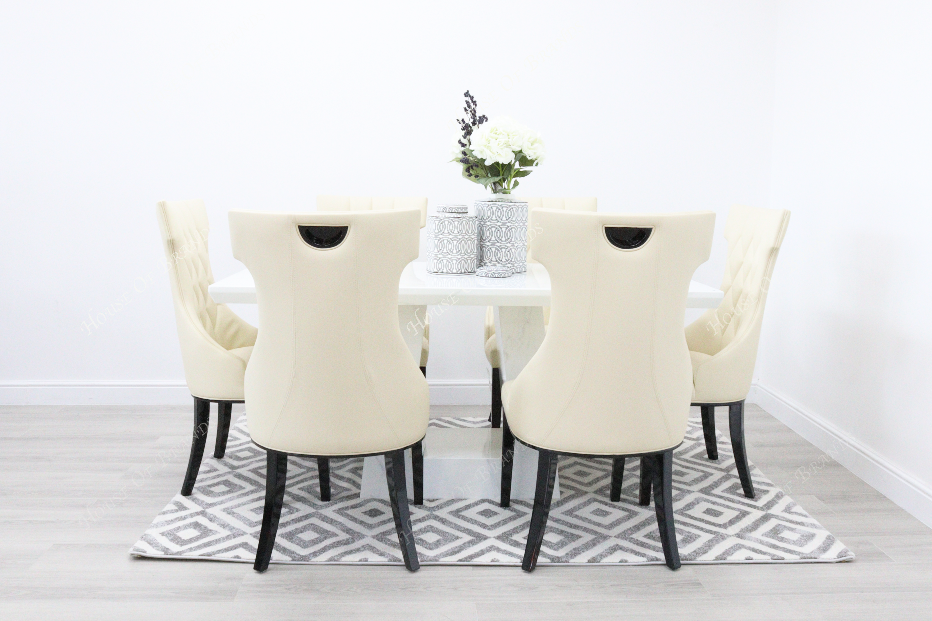 Rio White Marble Dining Table with 6 Tremiti Cream Leather Dining Chairs