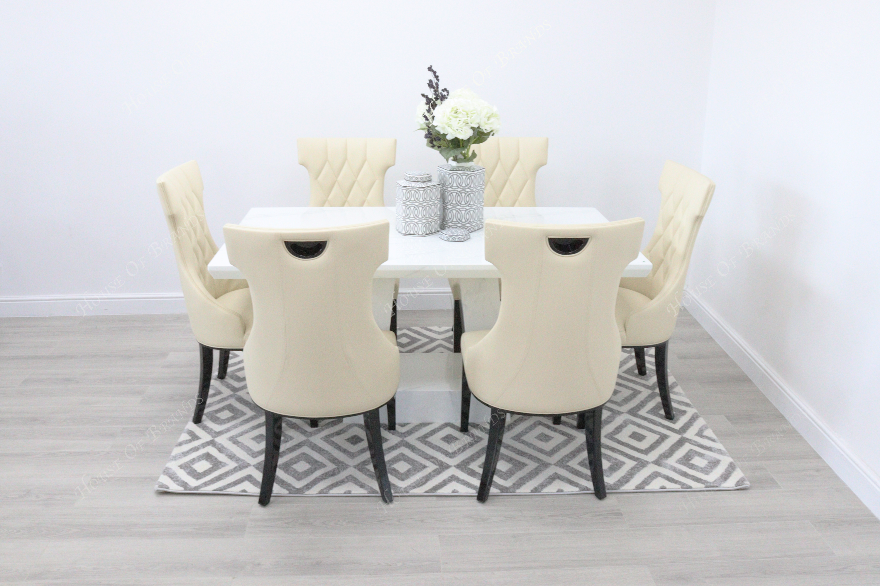 Rio White Marble Dining Table with 6 Tremiti Cream Leather Dining Chairs