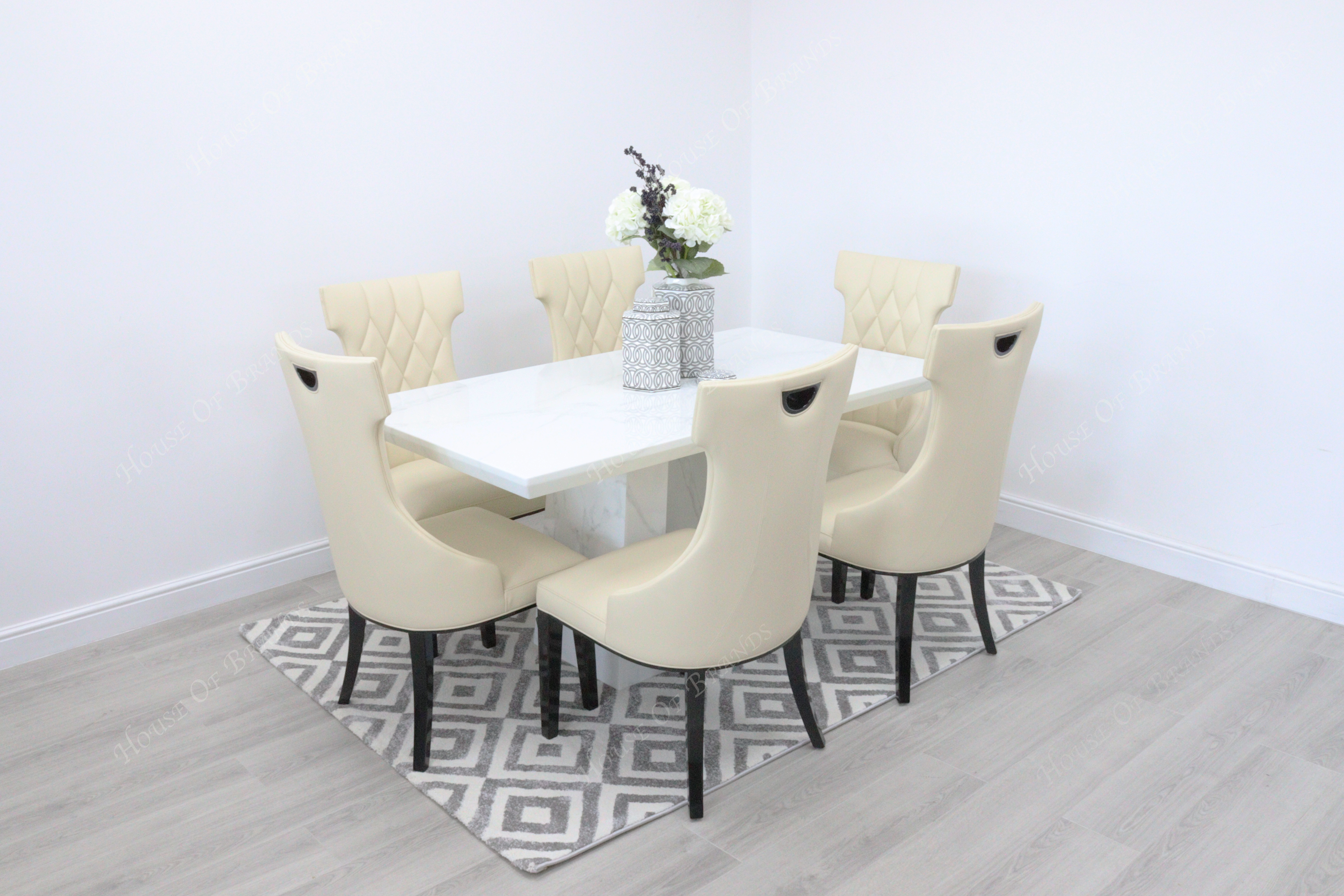 Rio White Marble Dining Table with 6 Tremiti Cream Leather Dining Chairs