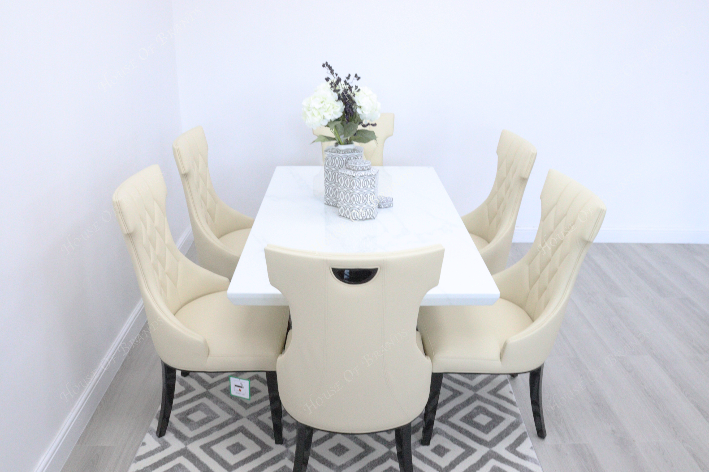Rio White Marble Dining Table with 6 Tremiti Cream Leather Dining Chairs