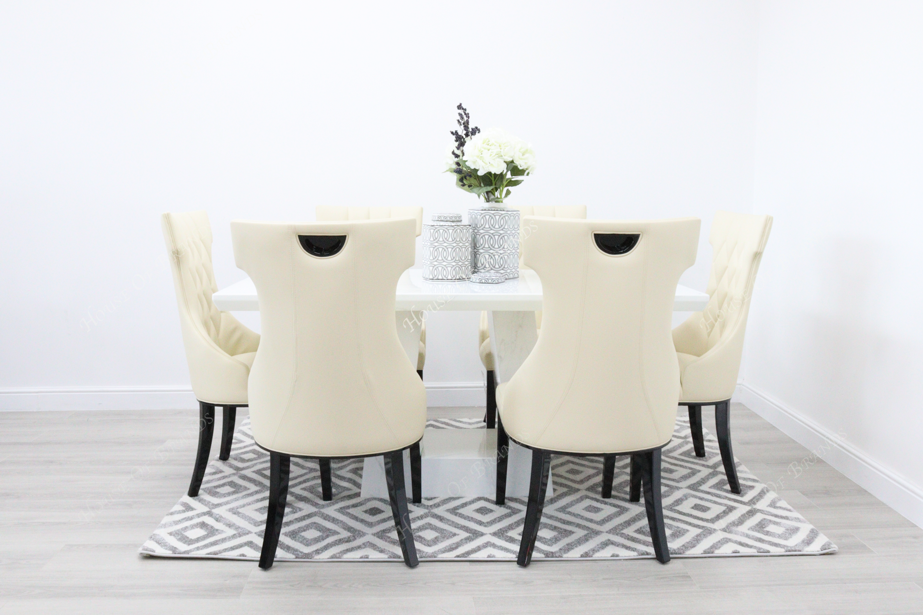 Rio White Marble Dining Table with 6 Tremiti Cream Leather Dining Chairs
