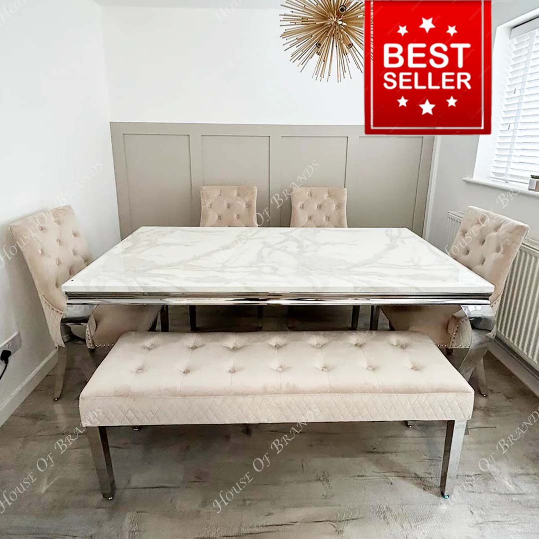 180cm Louis Marble Dining Table with 4 Majestic Velvet Knockerback Chairs and Majestic Velvet Bench