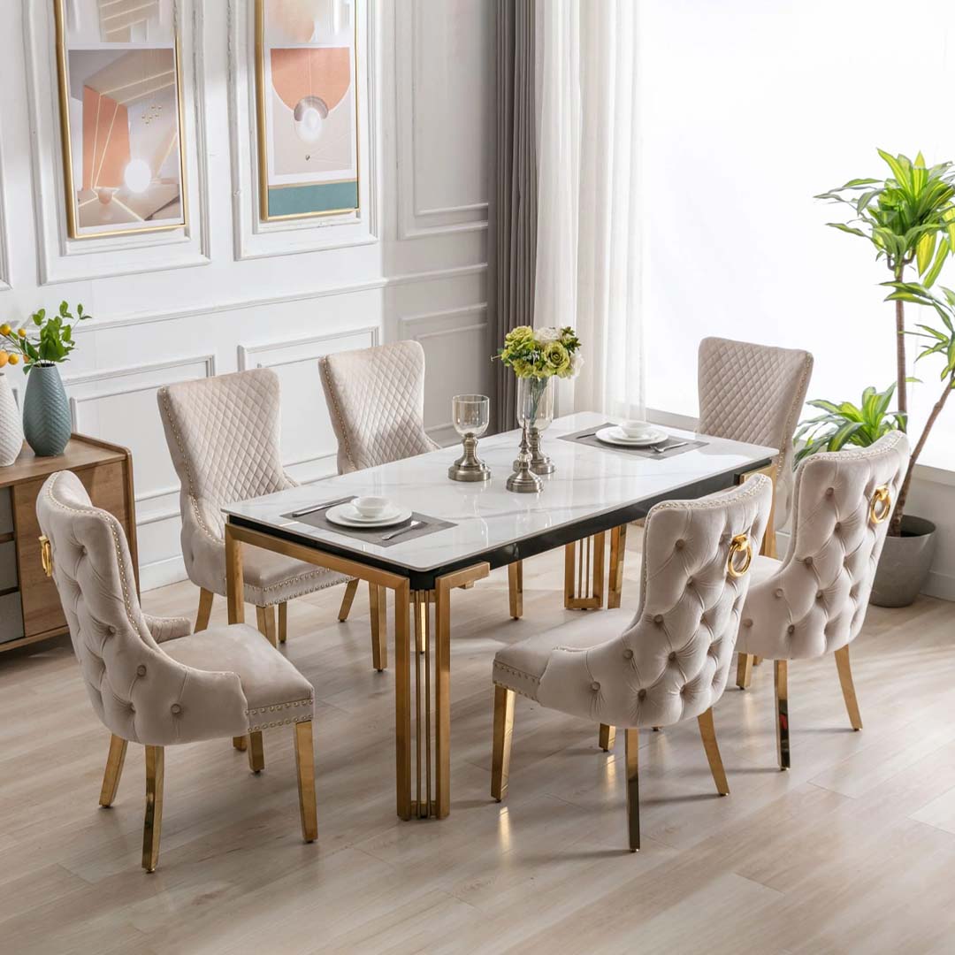 180cm Sorrento Rectangle Gold Ceramic Dining Table Cream and Gold Vi