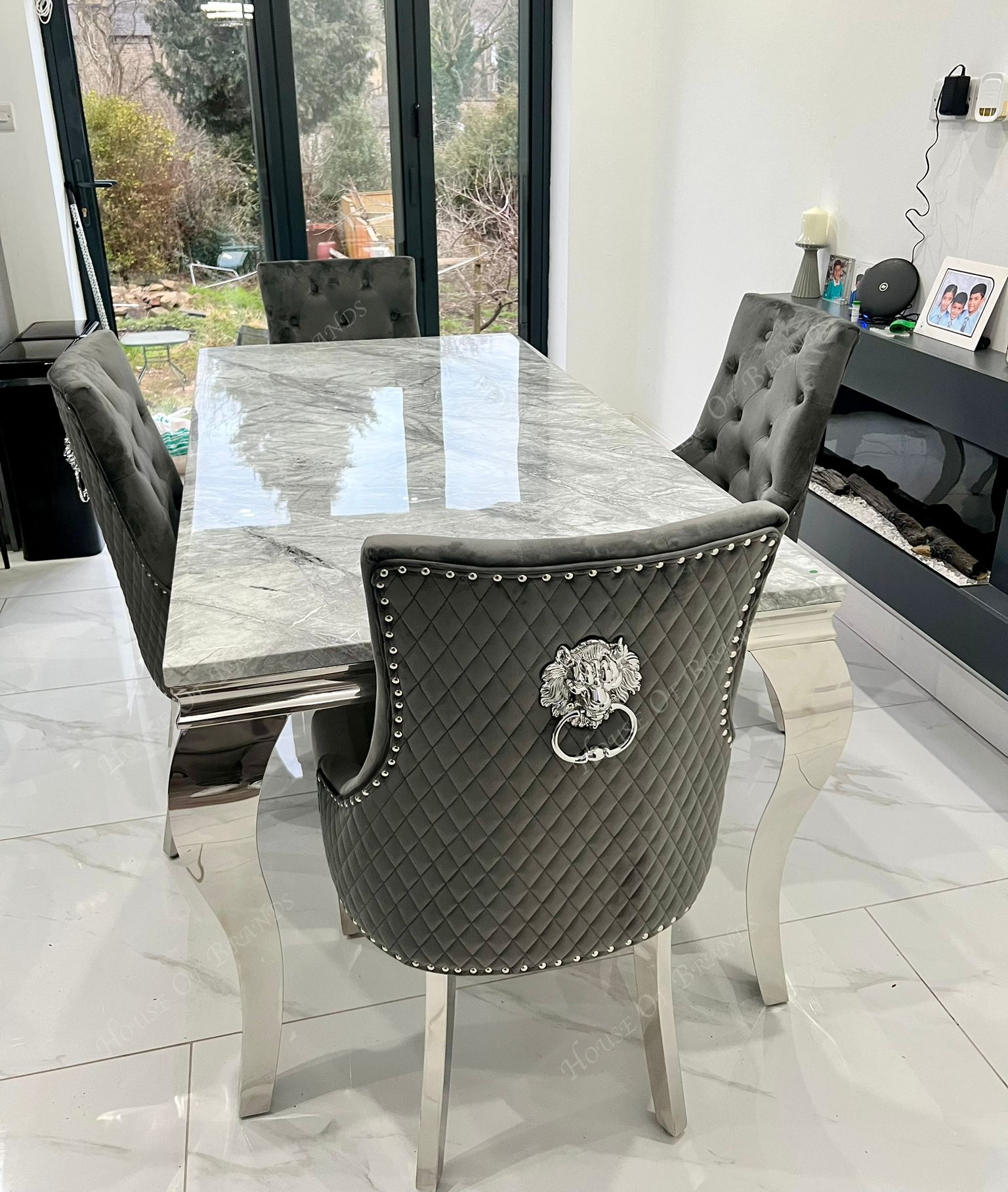 180cm Louis Marble Dining Table with 4 Majestic Knockerback Velvet Chairs