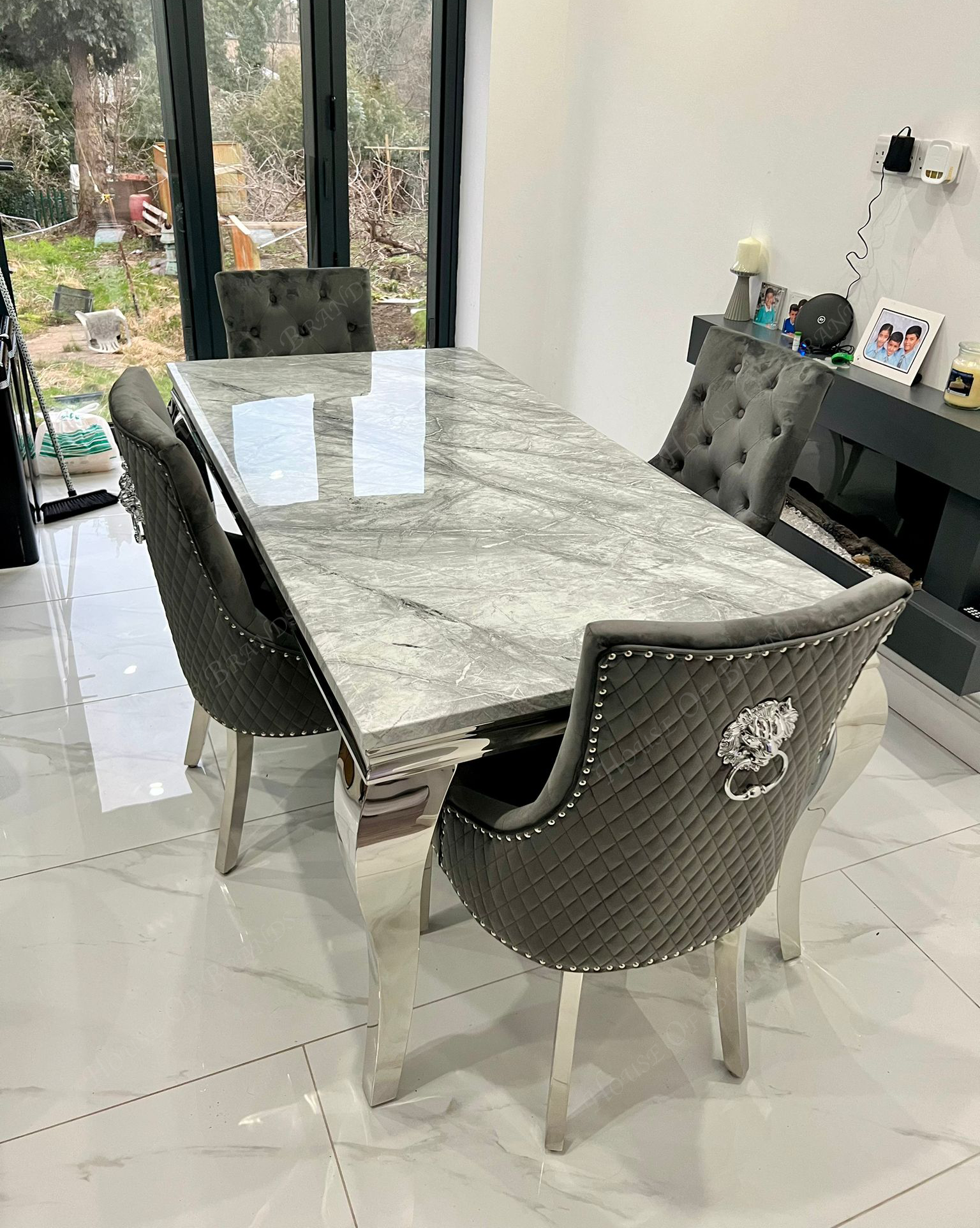 180cm Louis Marble Dining Table with 4 Majestic Knockerback Velvet Chairs