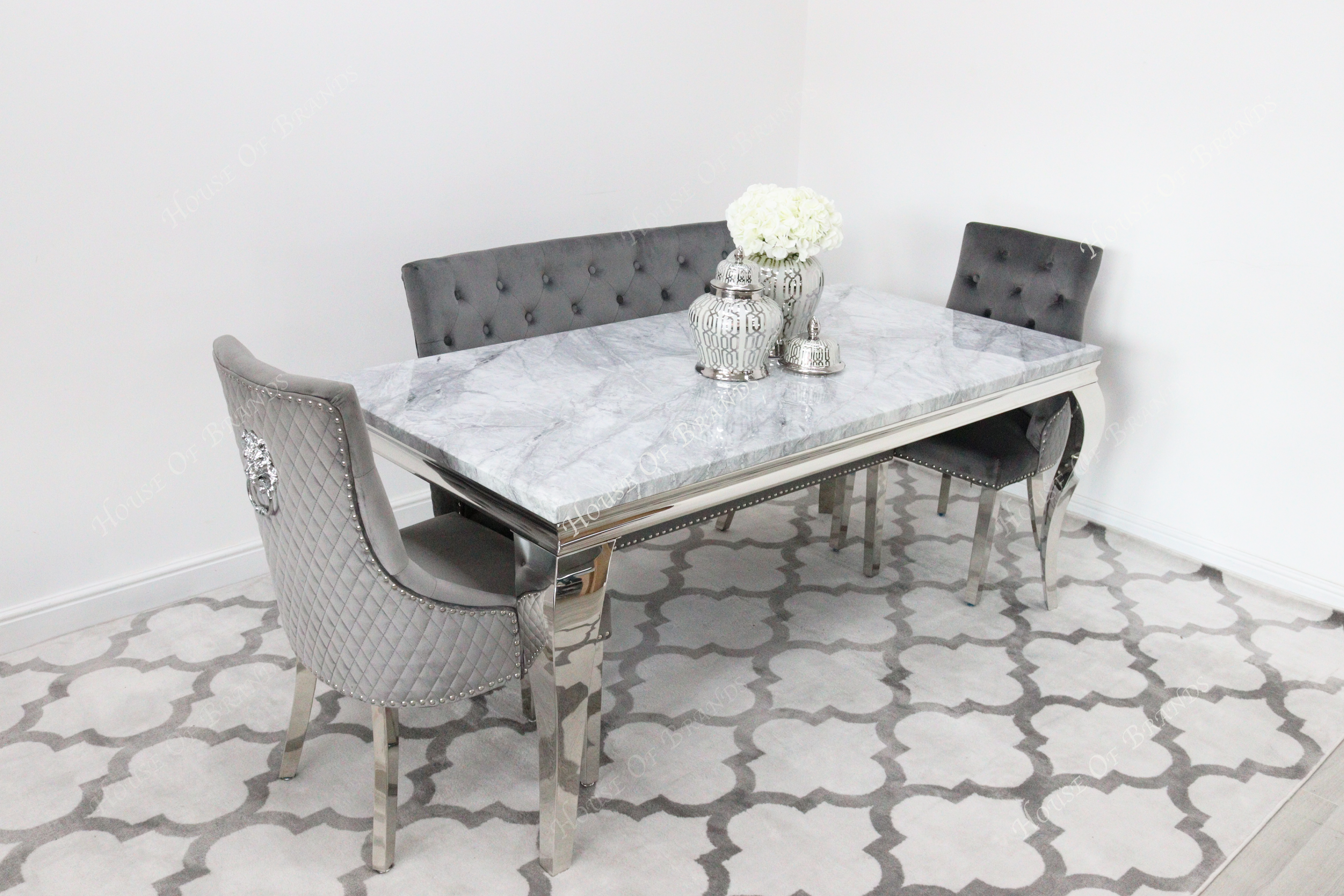 180cm Louis Marble Dining Table with 2 Majestic Knockerback Velvet chairs and Majestic High Back Velvet Bench