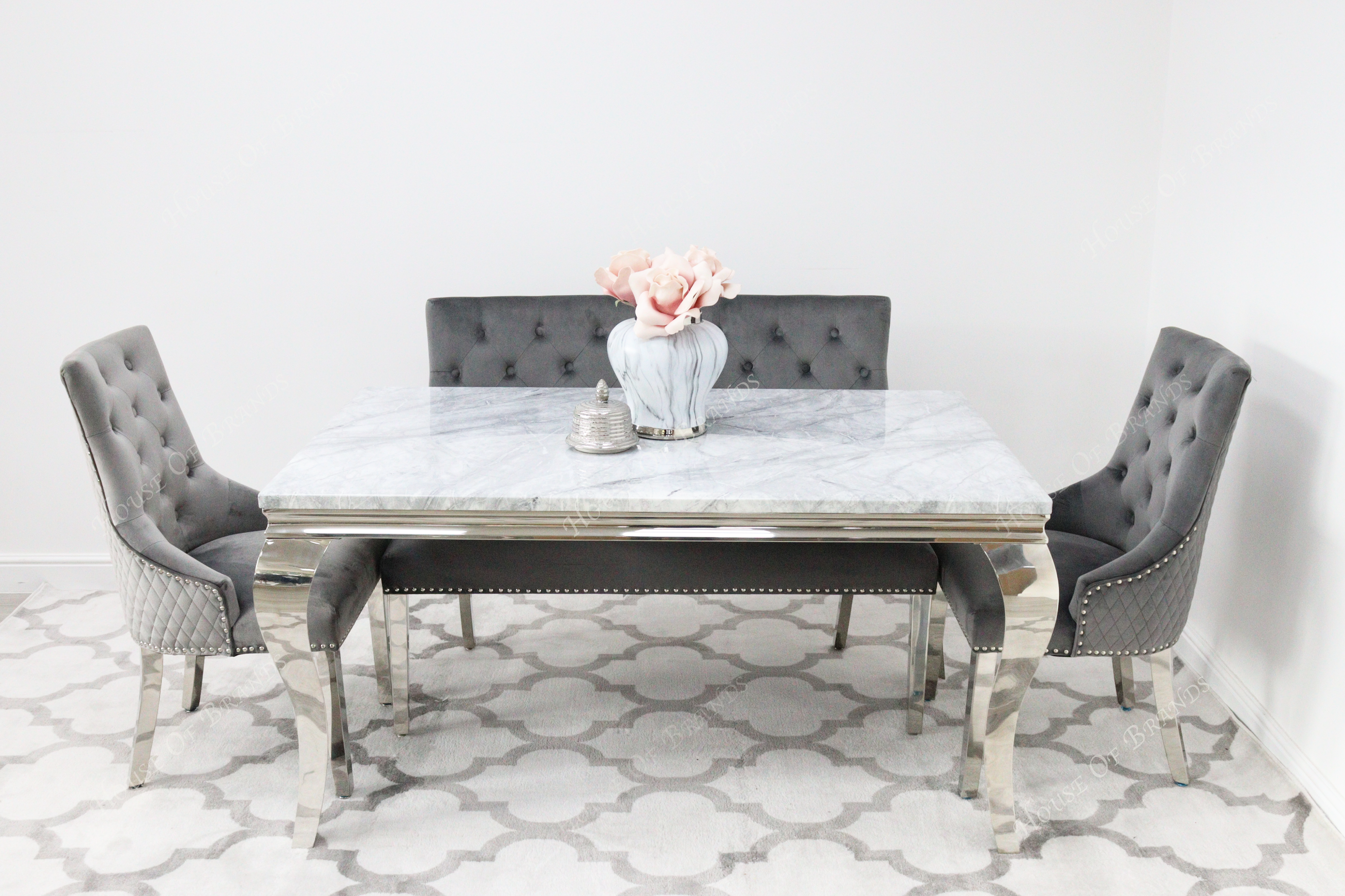 180cm Louis Marble Dining Table with 2 Majestic Knockerback Velvet chairs and Majestic High Back Velvet Bench