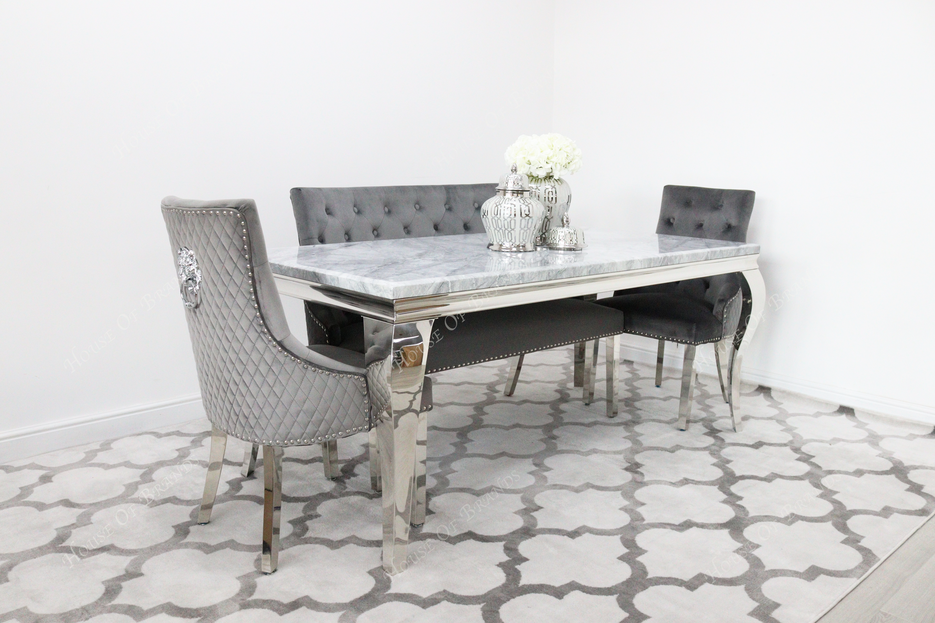 180cm Louis Marble Dining Table with 2 Majestic Knockerback Velvet chairs and Majestic High Back Velvet Bench