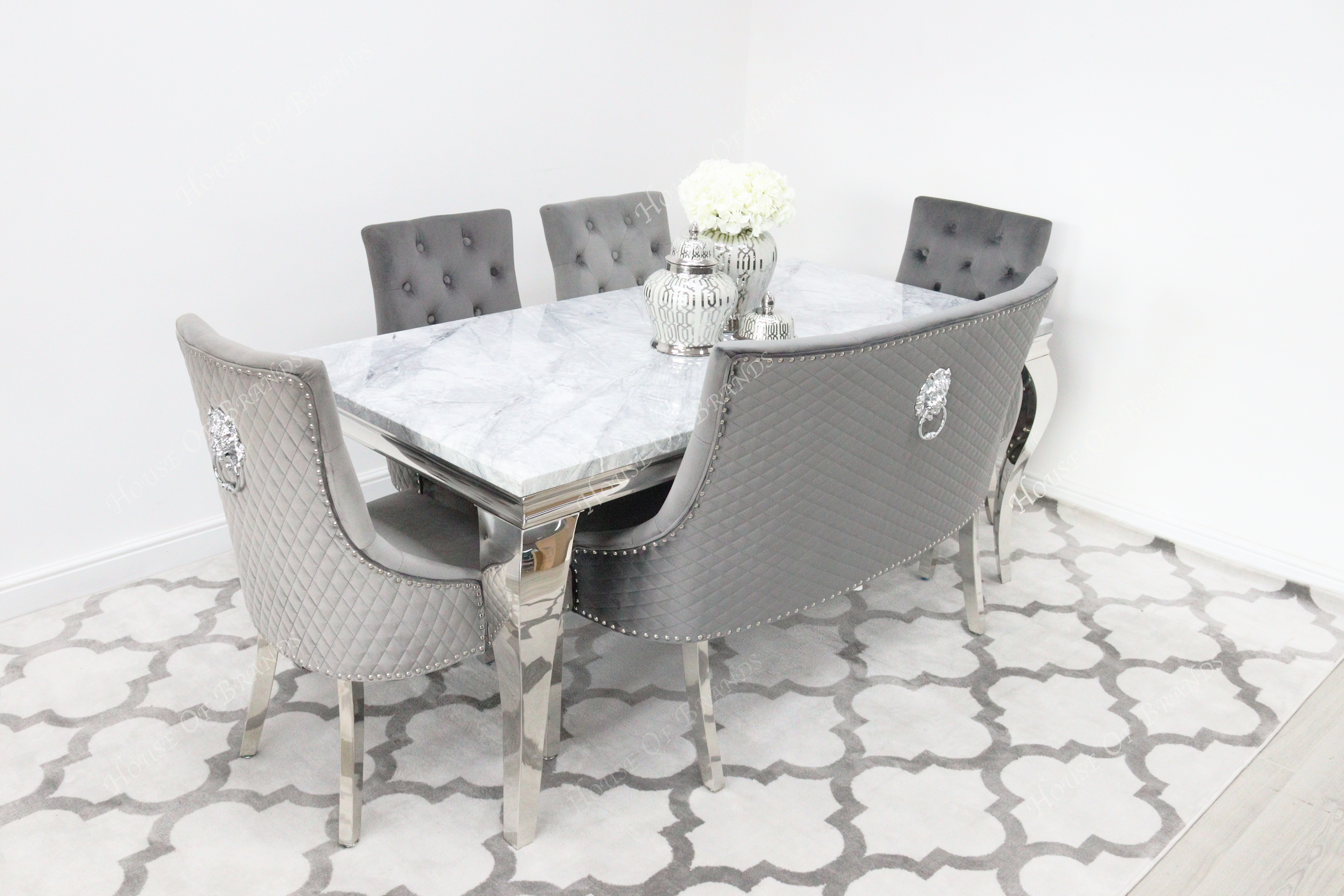 180cm Louis Marble Dining Table with 4 Majestic Knockerback Velvet chairs and Majestic High Back Velvet Bench