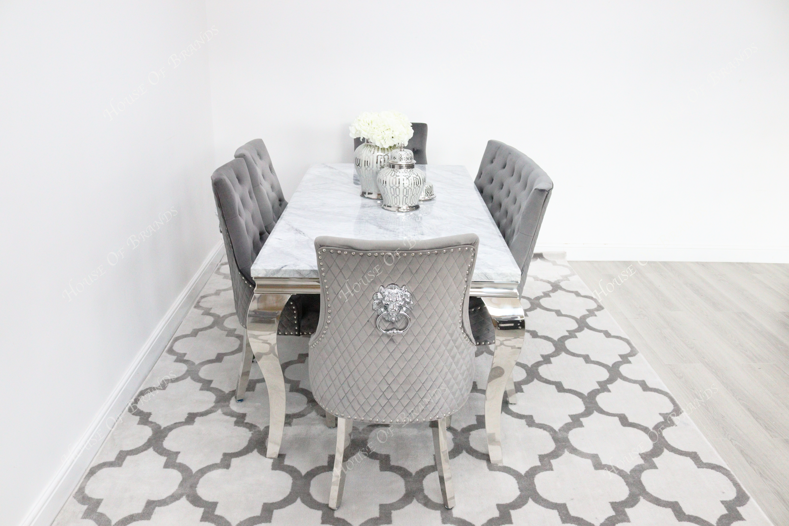 180cm Louis Marble Dining Table with 4 Majestic Knockerback Velvet chairs and Majestic High Back Velvet Bench
