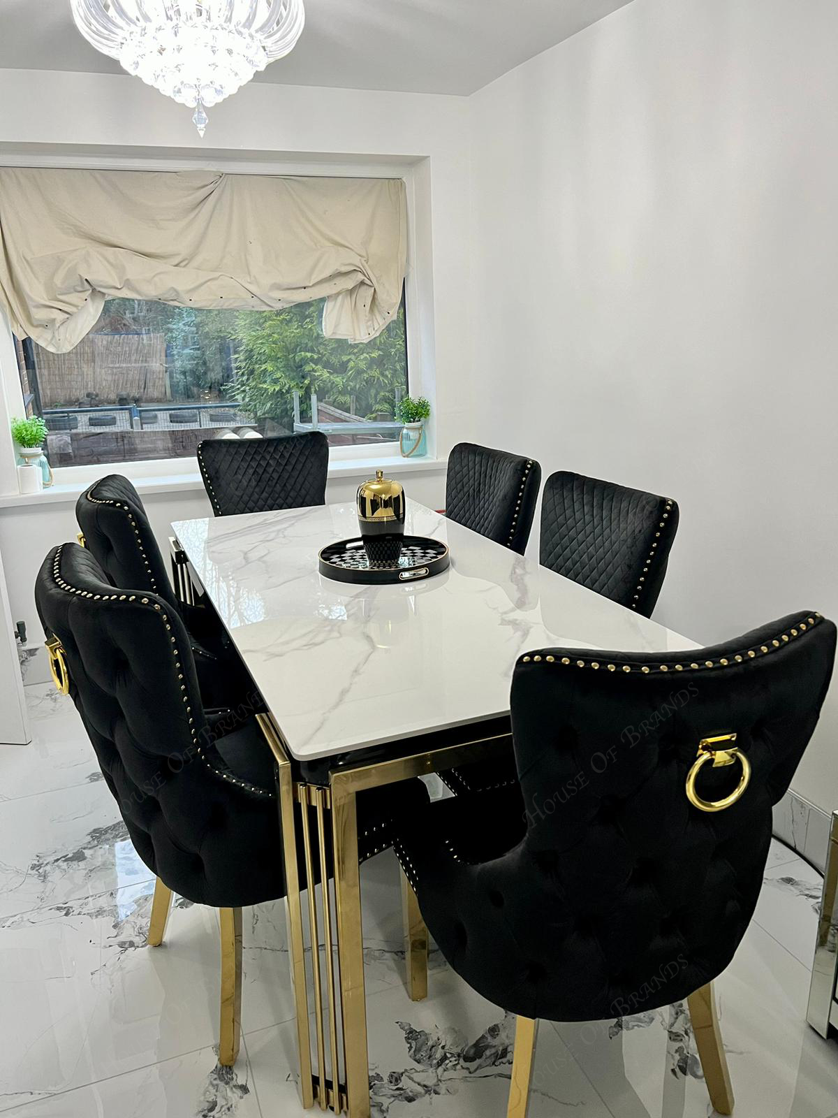 180cm Sorrento Rectangle Gold Ceramic Dining Table and Black Victoria Gold Dining Chairs
