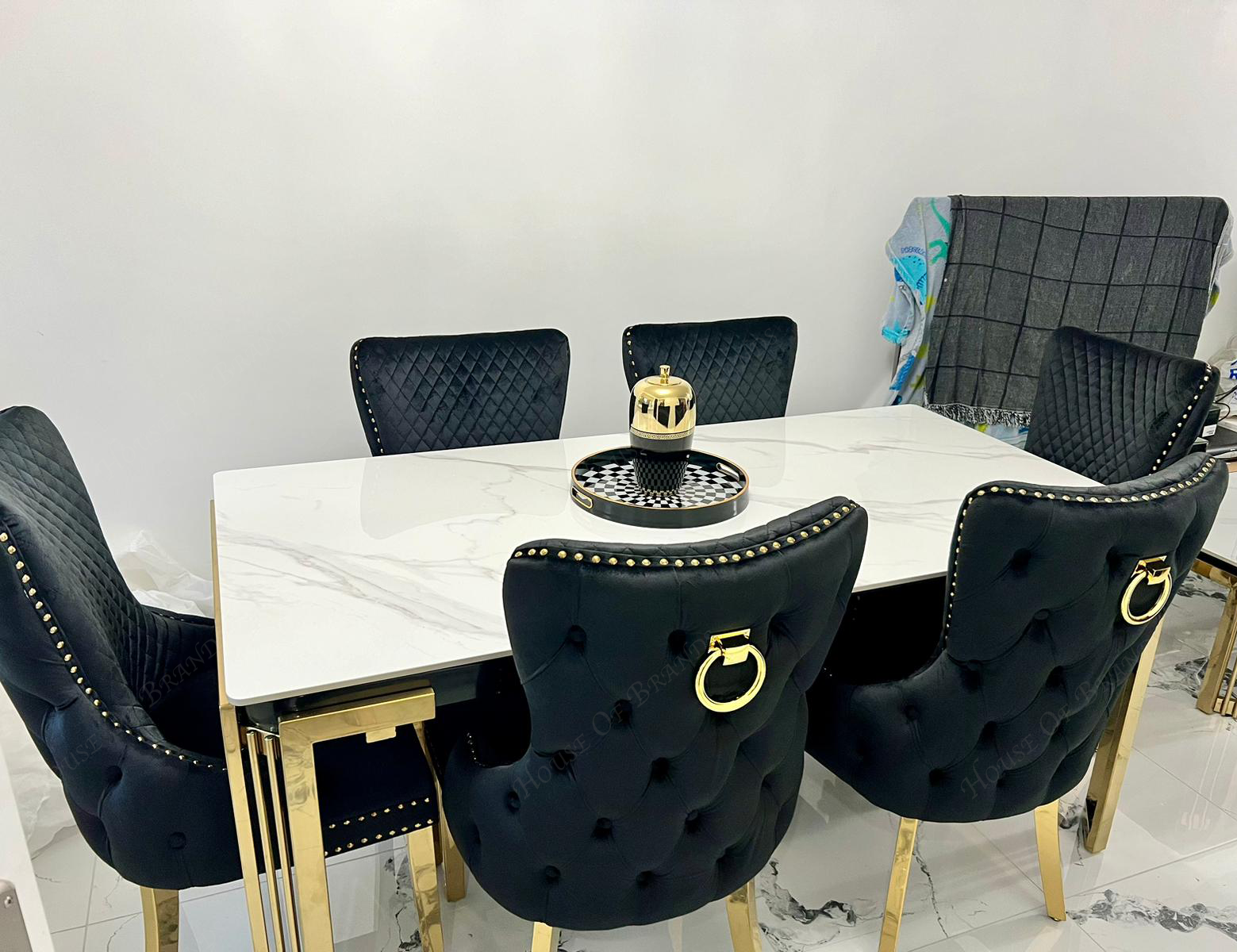 180cm Sorrento Rectangle Gold Ceramic Dining Table and Black Victoria Gold Dining Chairs