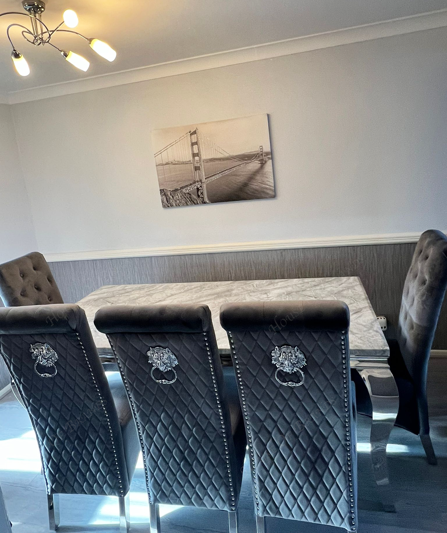 200cm Louis Marble Dining Table with 5 Emma Knockerback Velvet chairs and Majestic Velvet Bench