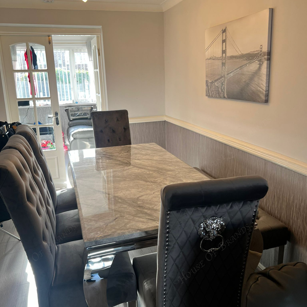 200cm Louis Marble Dining Table with 5 Emma Knockerback Velvet chairs and Majestic Velvet Bench