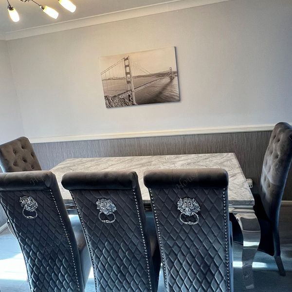 180cm Louis Marble Dining Table with 5 Emma Knockerback Velvet chairs and Majestic Velvet Bench