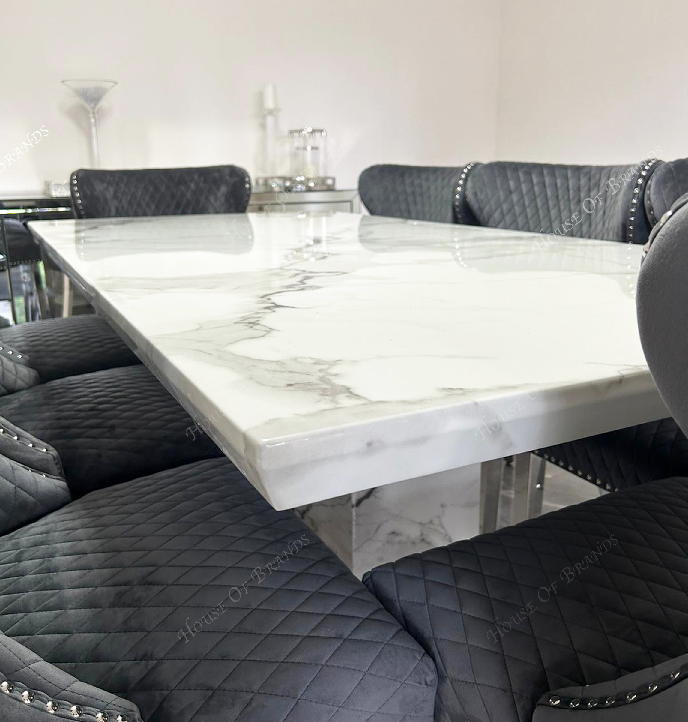 Athens White Marble Dining Table with Valentino Velvet Knockerback Dining Chairs