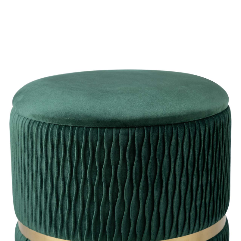 Green Patterned Velvet and Gold Round Storage Stool