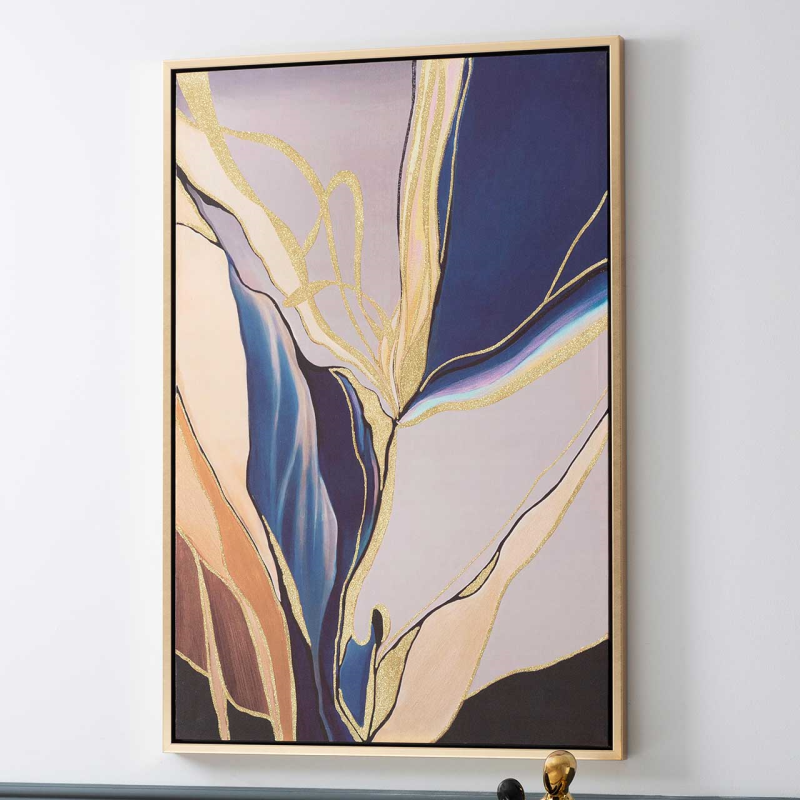Dark Blue and Gold Framed Abstract Canvas Wall Art