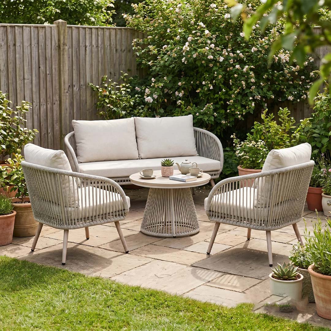 Arlo 4 Seater Garden Lounge Set with Coffee Table – Natural Grey Wicker Outdoor Sofa Set