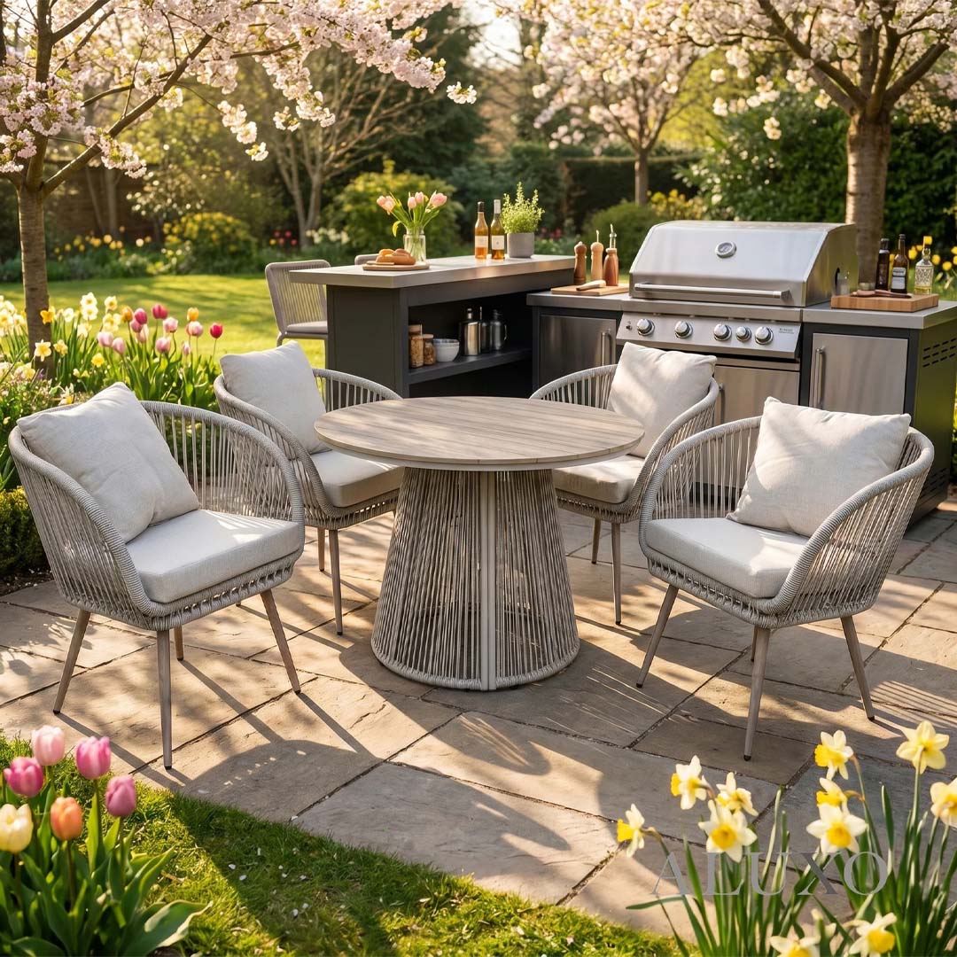 Arlo 4 Seater Garden Dining Set with Round Table – Natural Grey Wicker Outdoor Dining Furniture