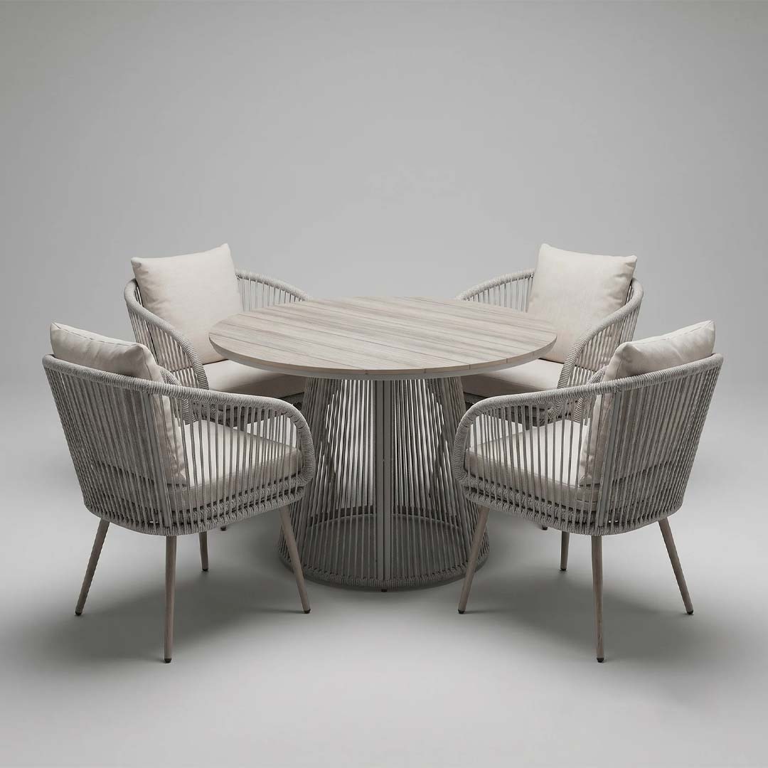 Arlo 4 Seater Garden Dining Set with Round Table – Natural Grey Wicker Outdoor Dining Furniture