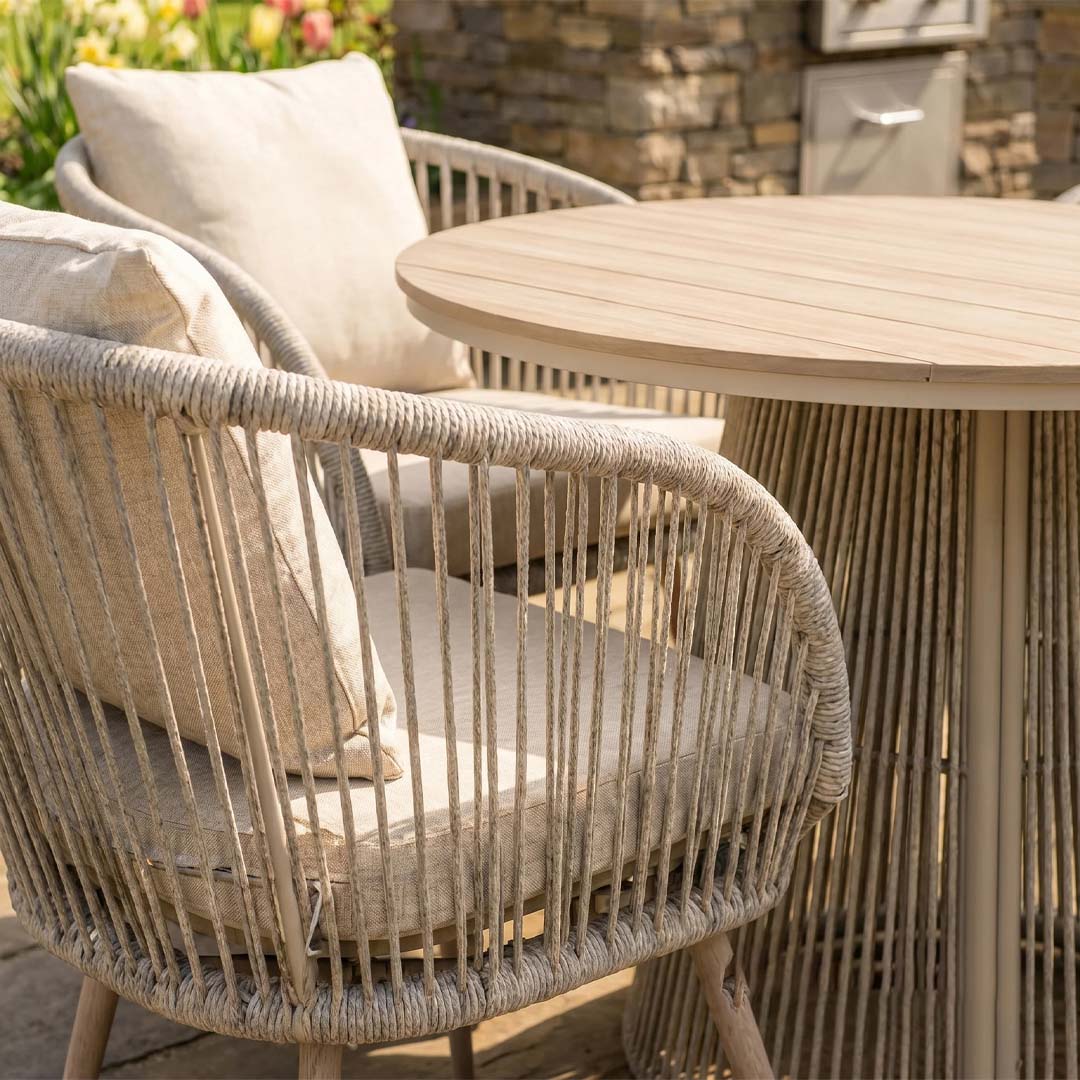 Arlo 4 Seater Garden Dining Set with Round Table – Natural Grey Wicker Outdoor Dining Furniture