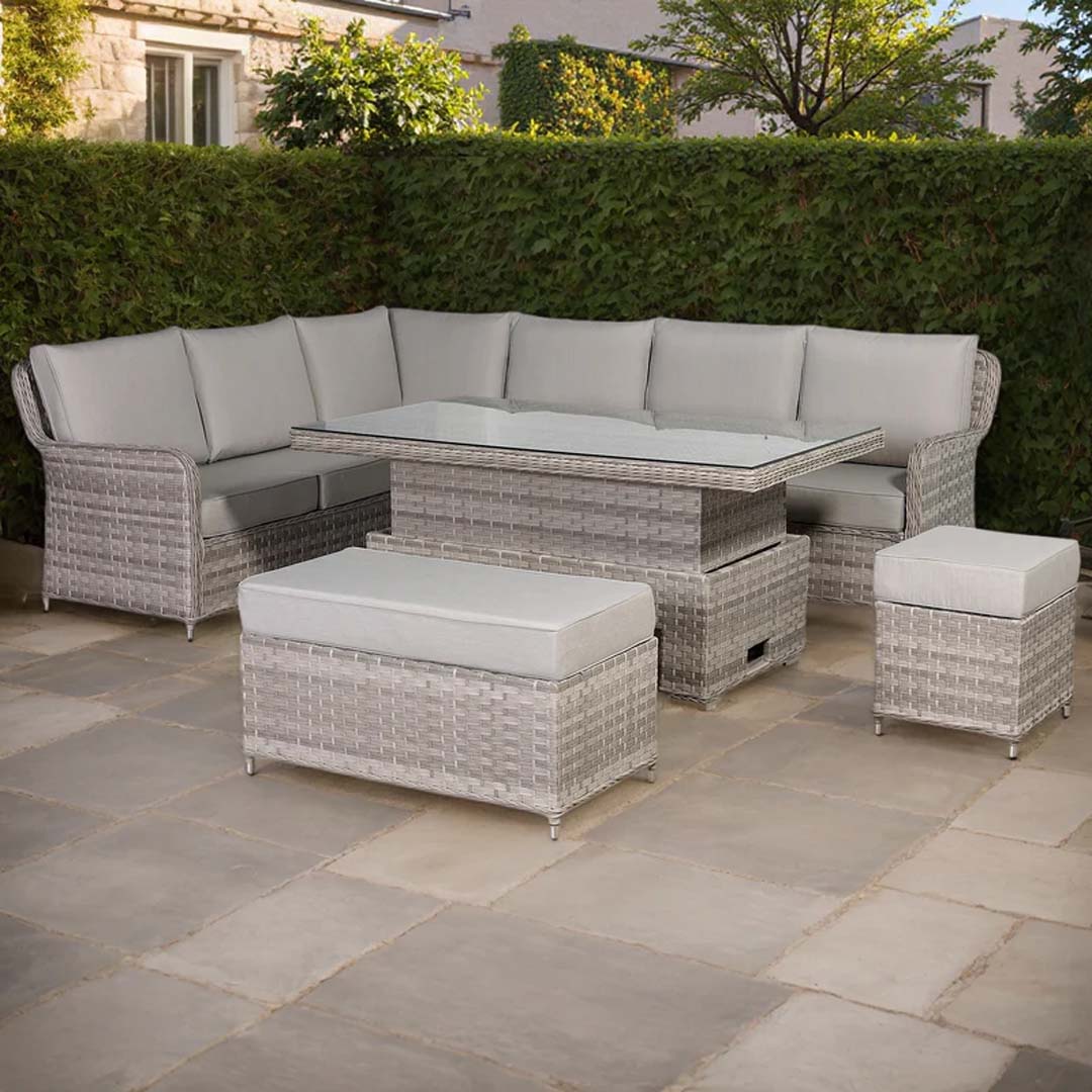Monaco Luxe Large Left-Hand Corner Dining Set with Rising Fire Pit Table