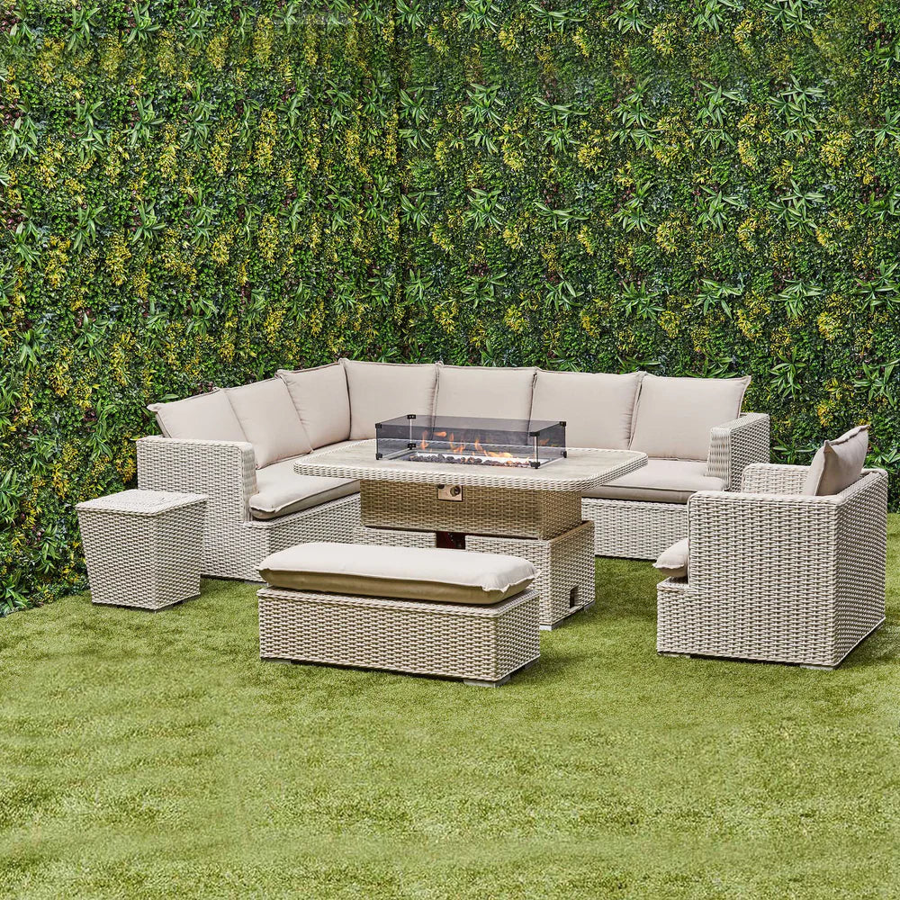 Asha Corner Rising Fire Pit Dining Set - Beige