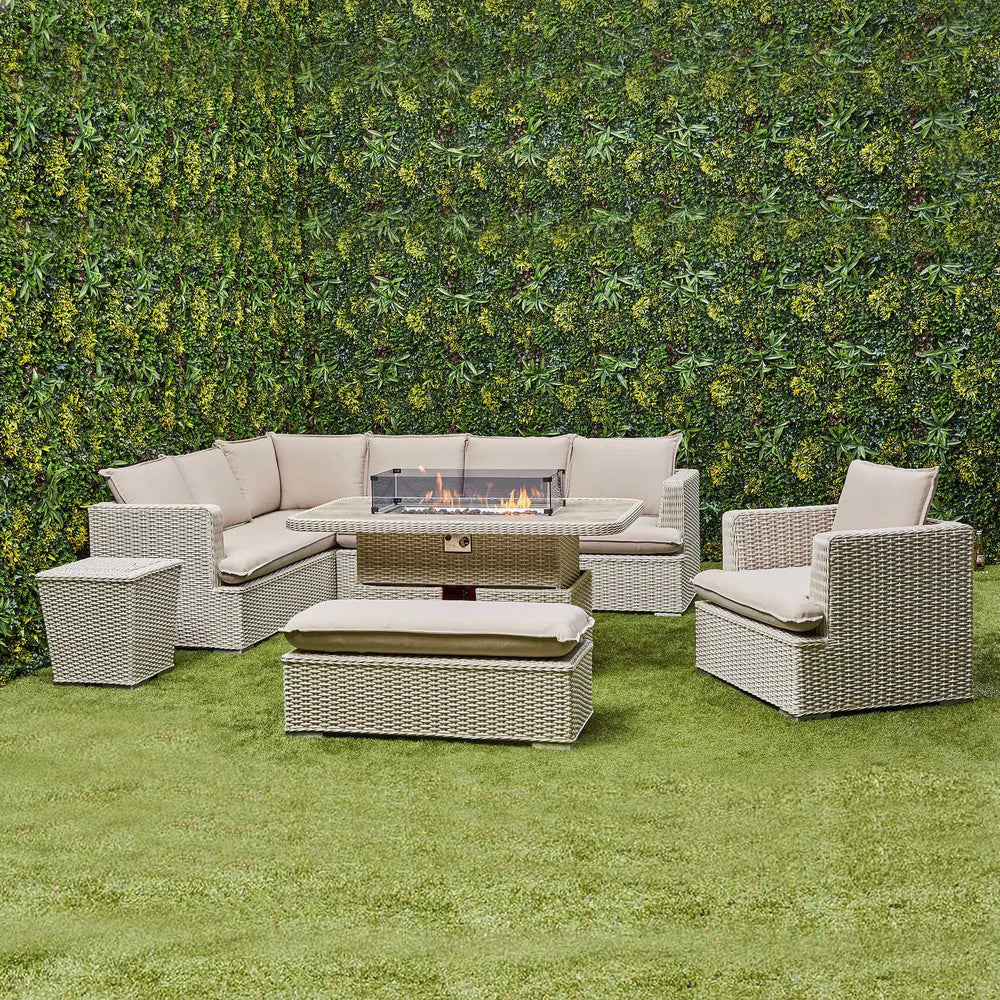 Asha Corner Rising Fire Pit Dining Set - Beige