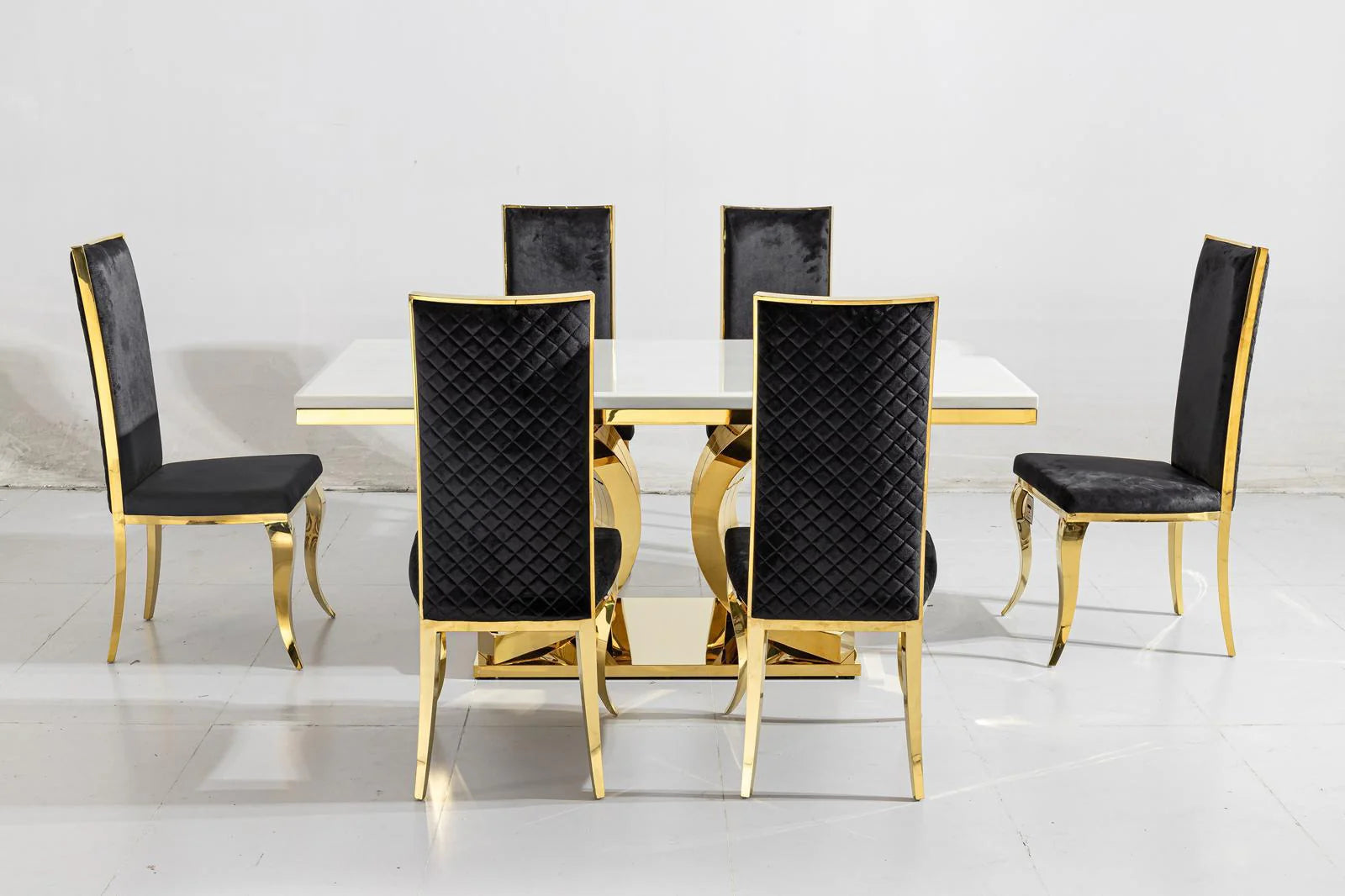 Aura Gold White Marble Gold Dining Table Set With Gold Flora Chairs
