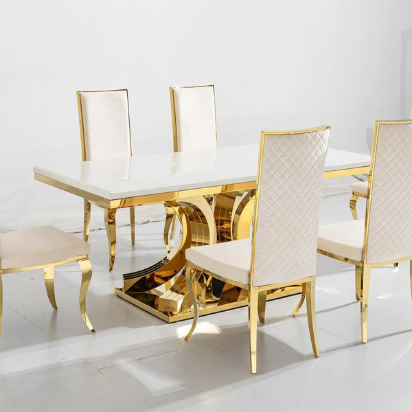 Aura Gold White Marble Gold Dining Table Set With Gold Flora Chairs