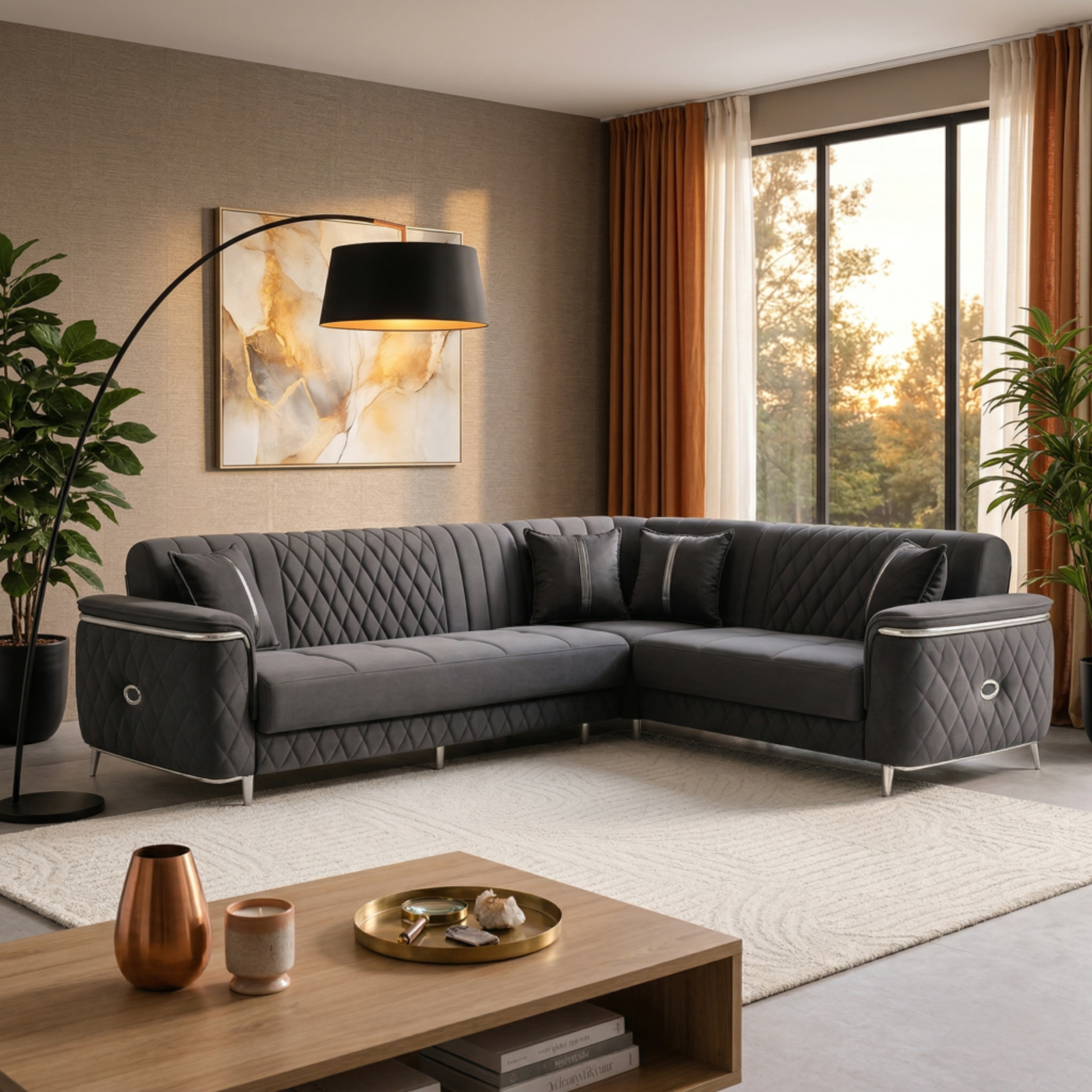Milana Dark Grey Corner Turkish Sofa Bed – L-Shape Sofa Bed with Storage