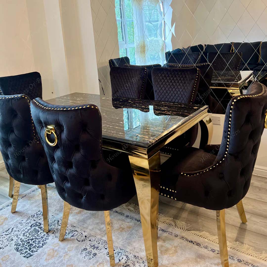 Black & Gold Marble Louis Dining Table & Black Victoria Knockerback Chairs
